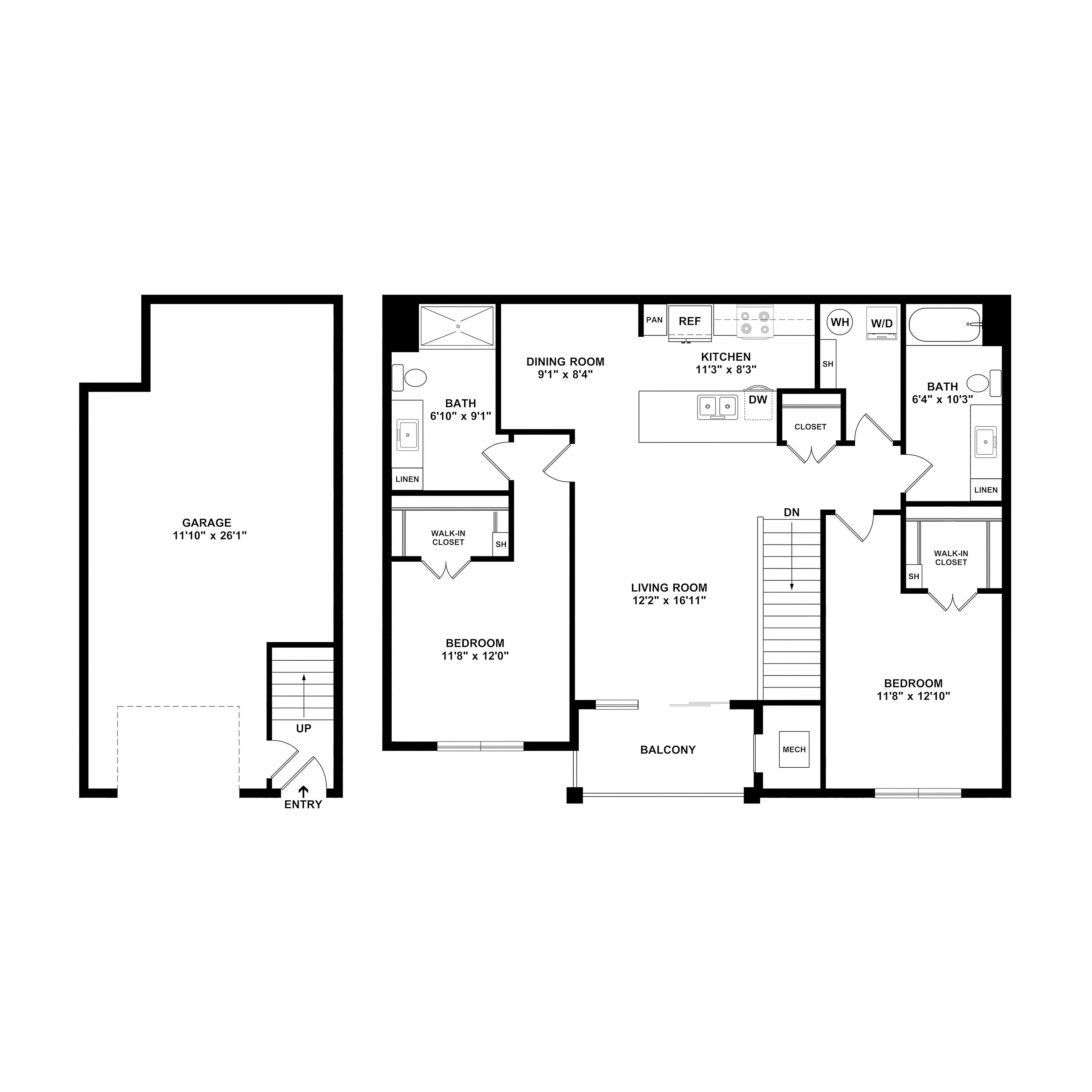 Modern floor plan featuring spacious living room with balcony, two cozy bedrooms with walk-in closets, sleek kitchen, two bathrooms, and large garage area.