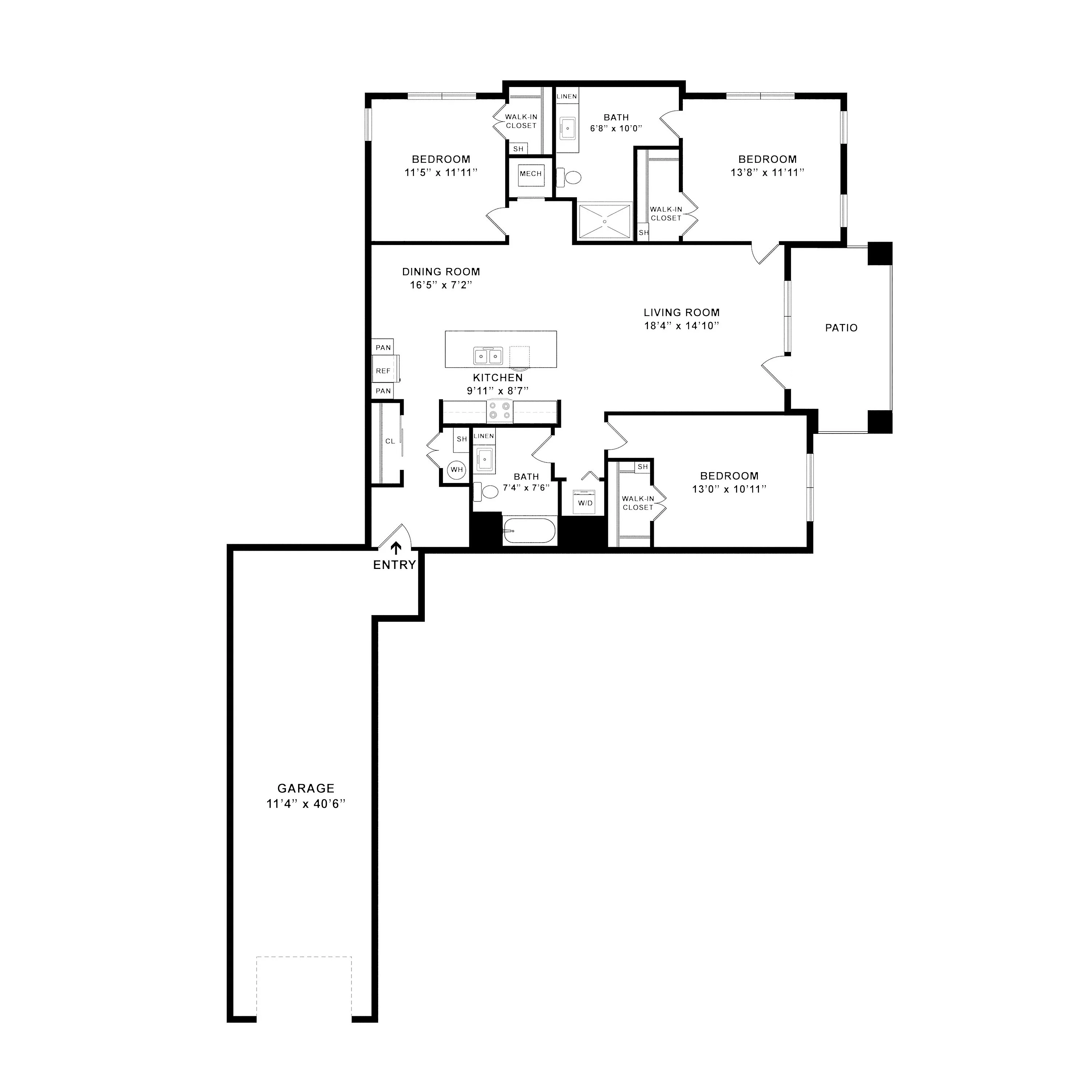 Elegant floor plan showcasing three spacious bedrooms, an open-concept kitchen, living and dining areas, plus a cozy patio and expansive garage.