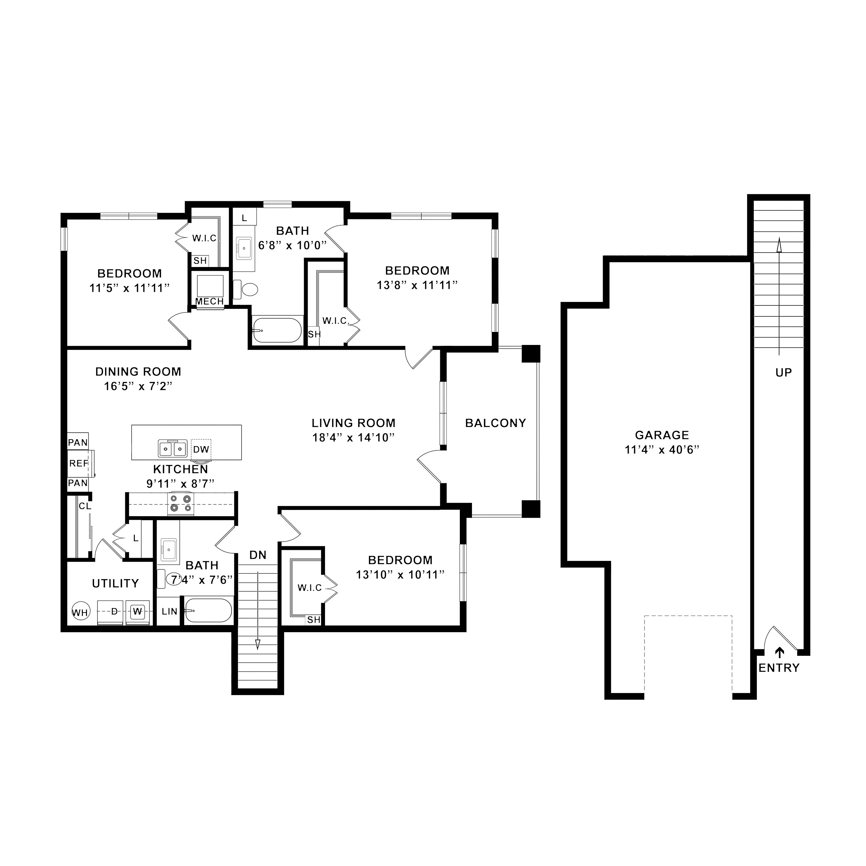 Modern floor plan showcasing 3 bedrooms, a spacious living room with balcony access, sleek kitchen, dining area, and garage connectivity.