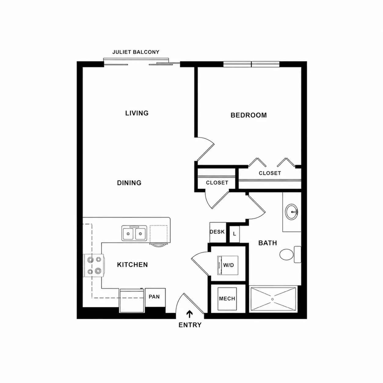 Cozy 1-bedroom apartment floor plan featuring a modern kitchen, spacious living and dining area, private patio, and convenient in-unit washer and dryer.
