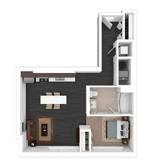 Modern floor plan showcasing an open-concept kitchen and dining area, a cozy living room, spacious bedroom, and a well-appointed bathroom.