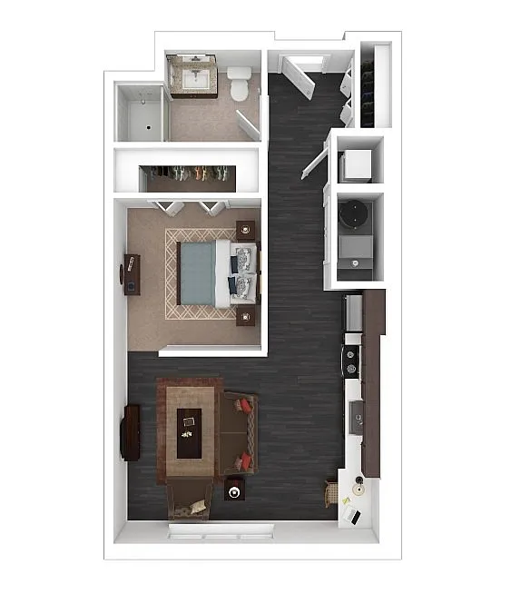 Modern 1 bedroom apartment floor plan featuring a cozy living area, sleek kitchen, and stylish bathroom with walk-in closet.