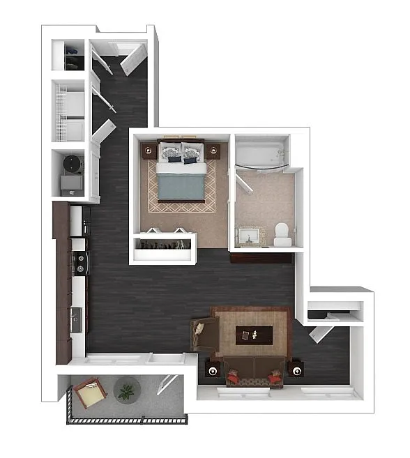 Chic 1-bedroom floor plan featuring a spacious open-concept living area, modern kitchen, inviting balcony, and a luxurious bathroom.