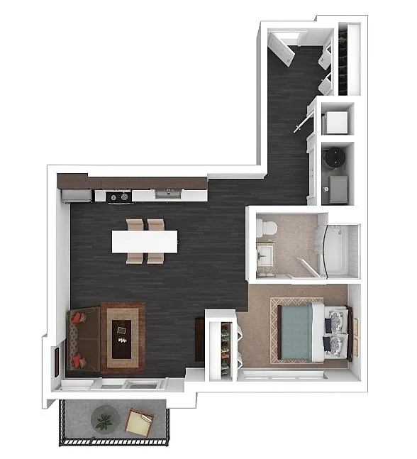 Chic 1-bedroom apartment floor plan featuring an open-concept kitchen and living area, modern bathroom, and private balcony.