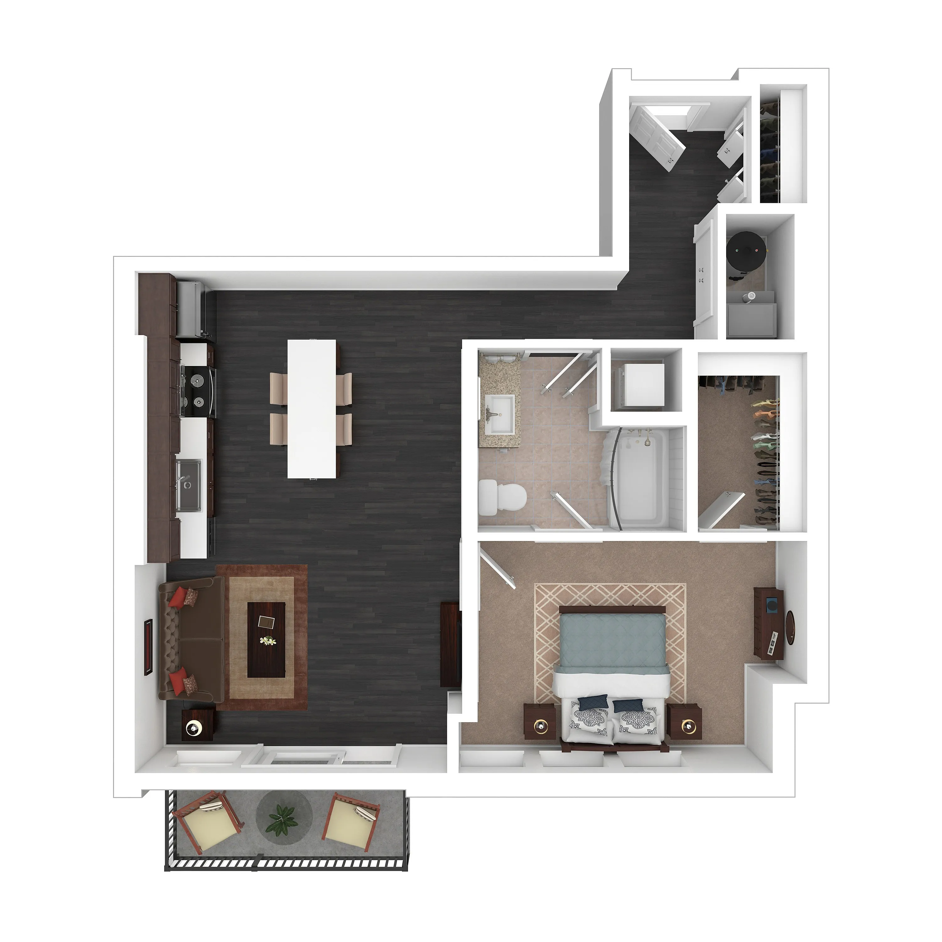 Elegant 1-bedroom apartment floor plan with open living area, modern kitchen, and private balcony.