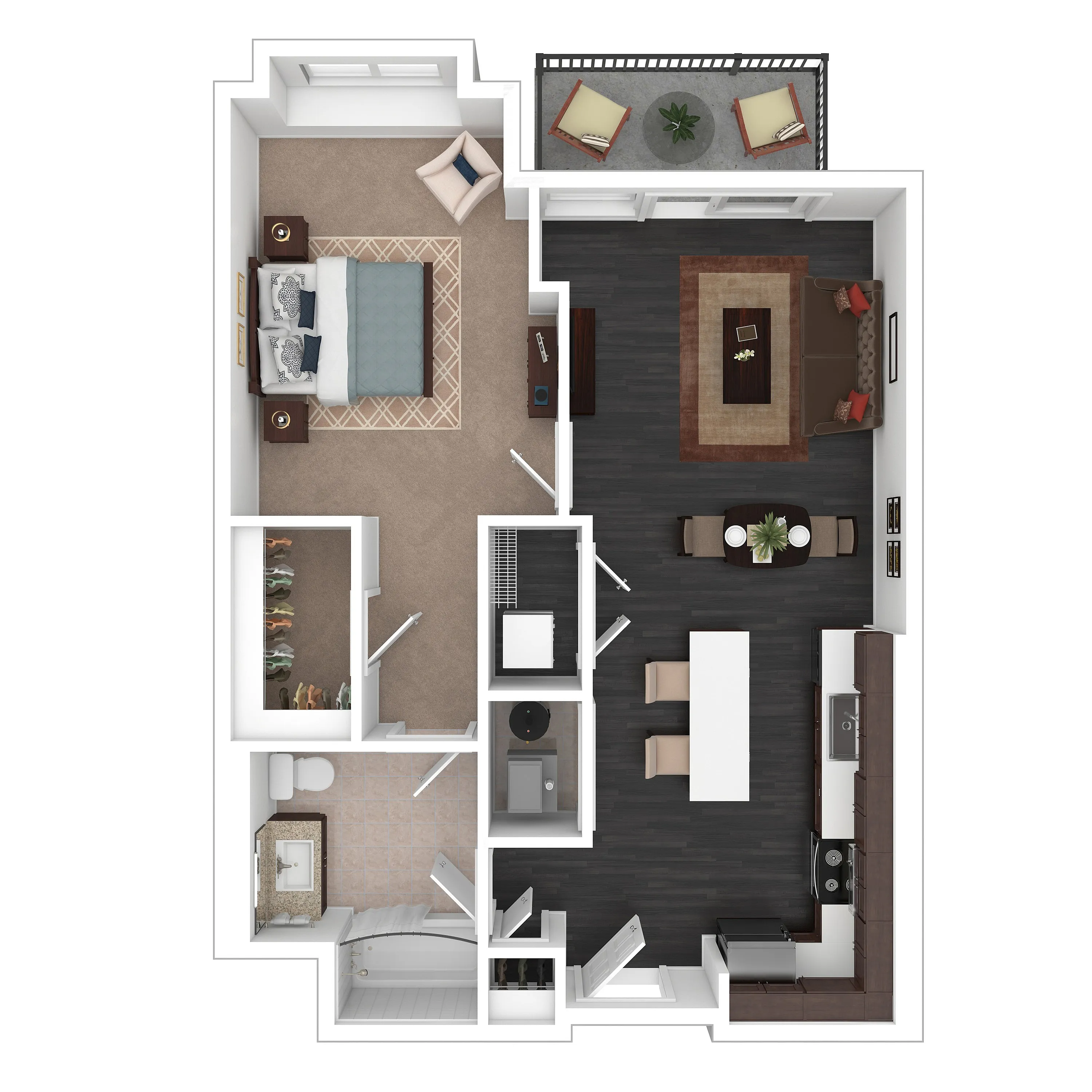 Modern floor plan showcasing a spacious one-bedroom layout with large living room, open-concept kitchen, and cozy balcony.