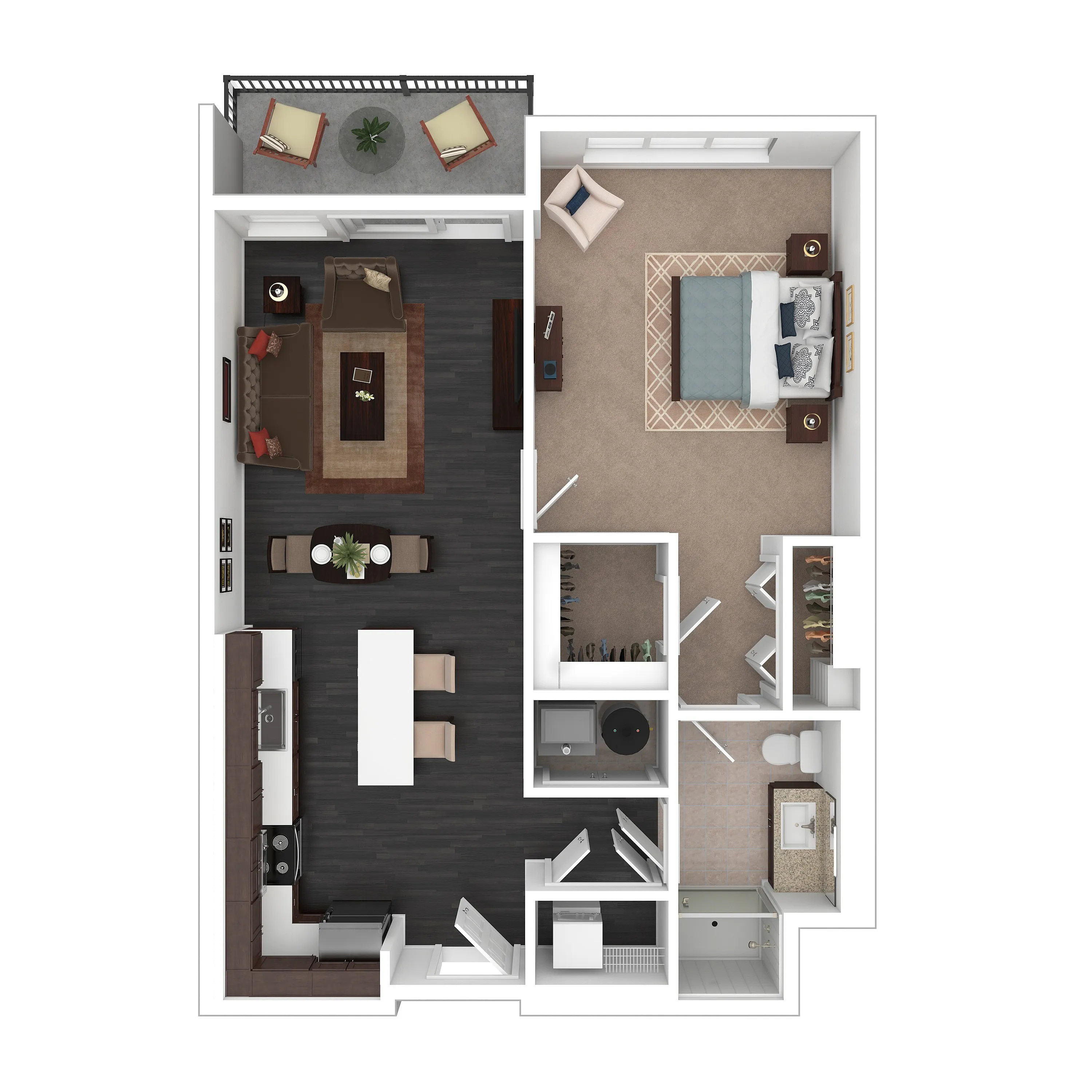 Modern floor plan showcasing an elegant one-bedroom apartment with open-concept living area, gourmet kitchen, and private balcony.