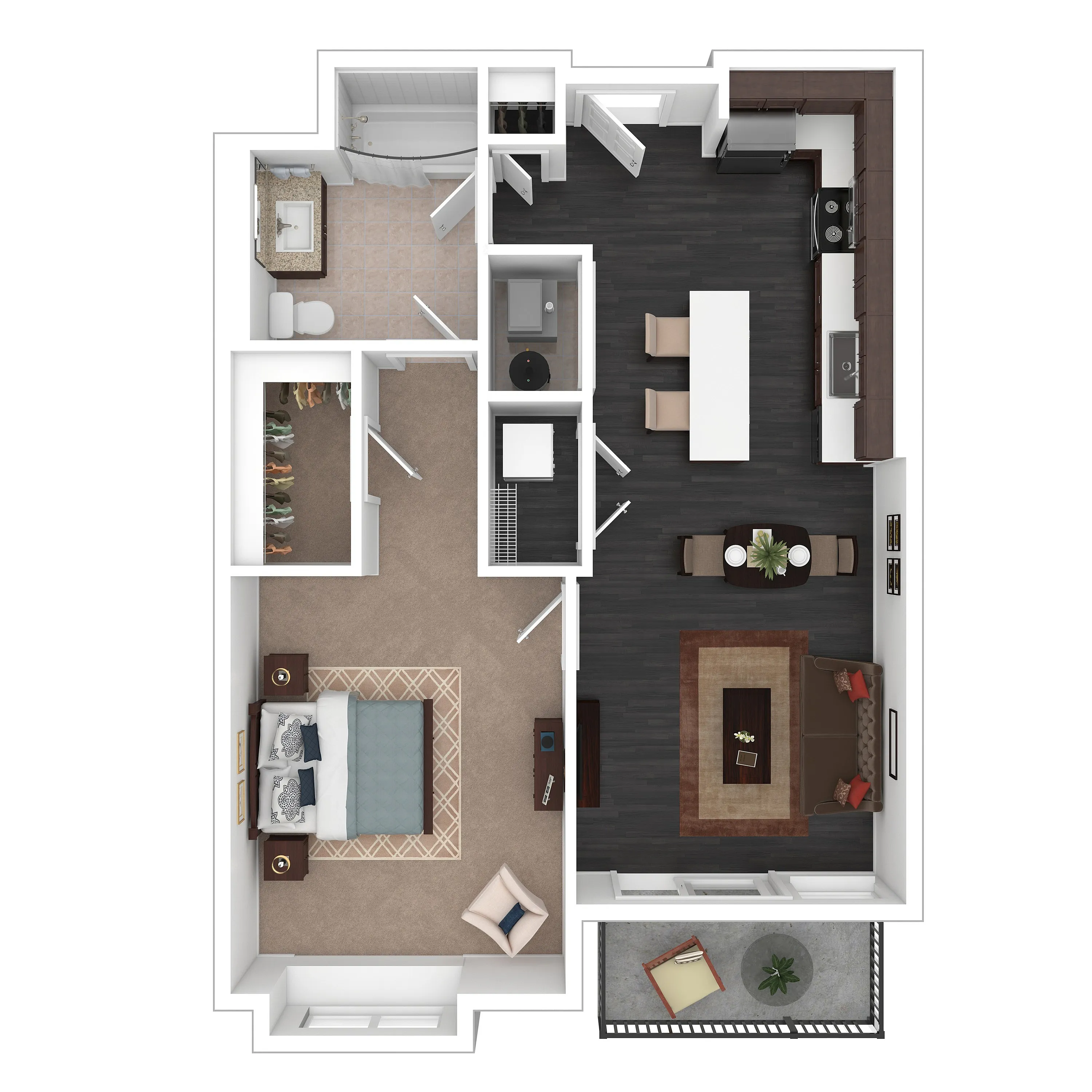 Modern 2D floor plan highlighting one bedroom, sleek kitchen, cozy living area, and private balcony.