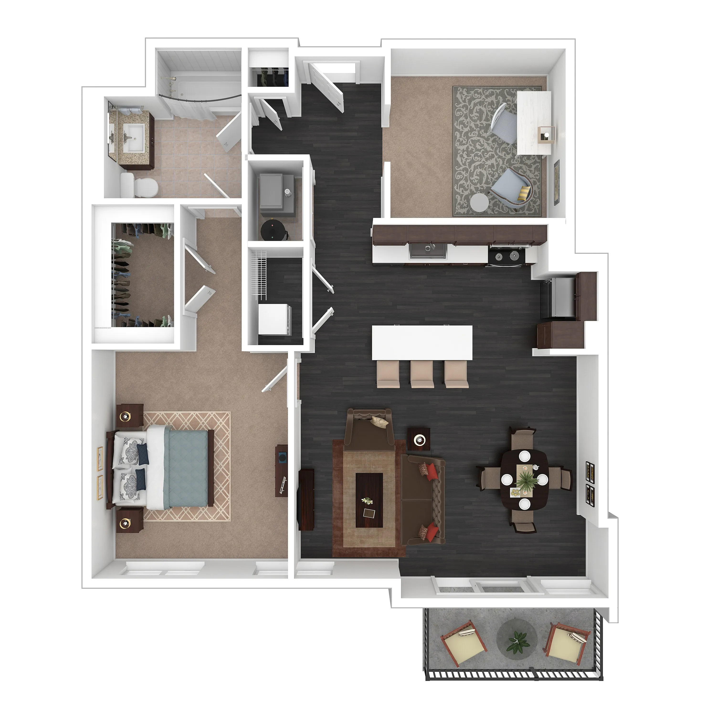 Modern 2D floor plan featuring two spacious bedrooms, an open-plan living and dining area, elegant kitchen with island, and a cozy balcony, designed for comfort and style.