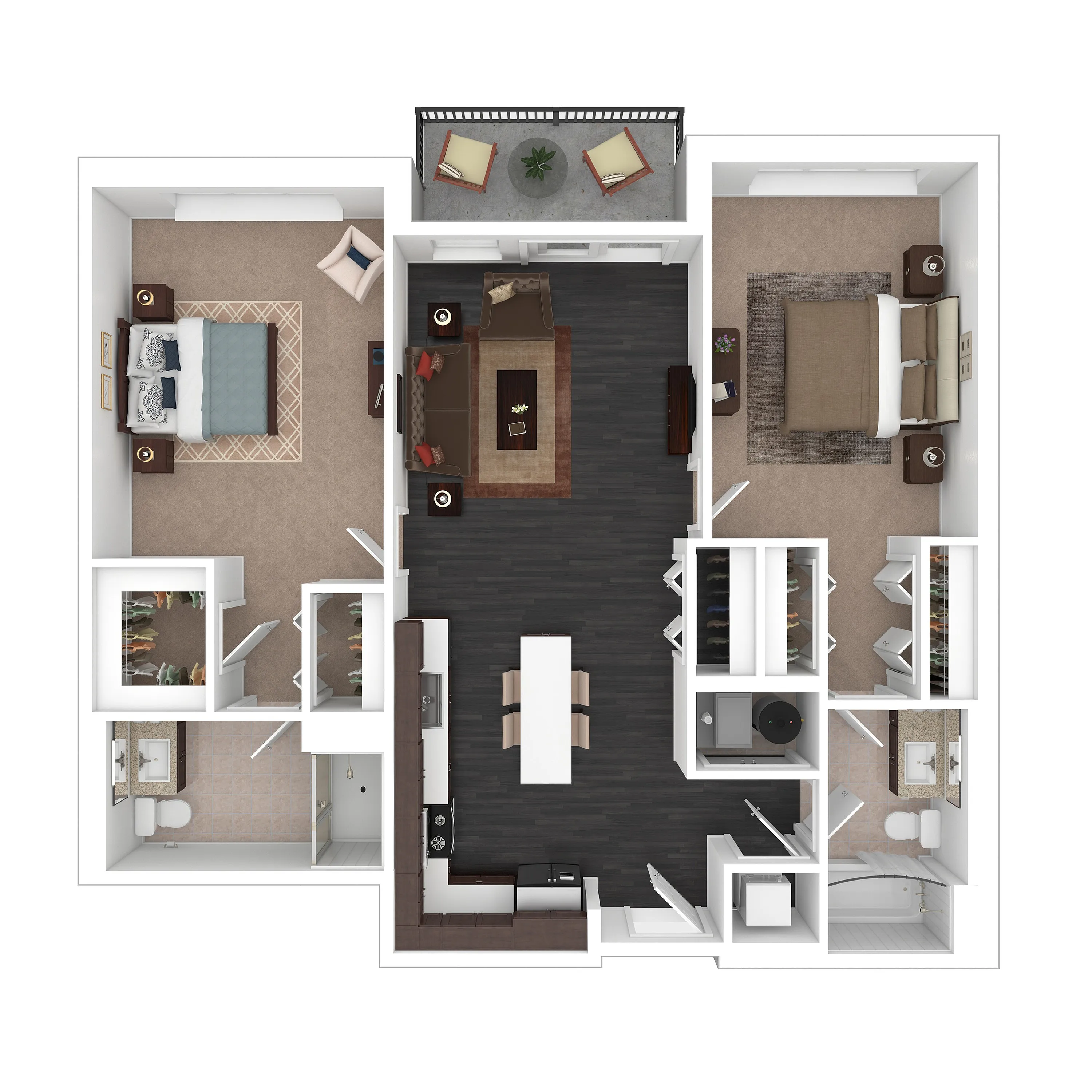 Contemporary 2D floor plan showcasing two spacious bedrooms, open-concept living and dining area, modern kitchen with island, and a cozy balcony.