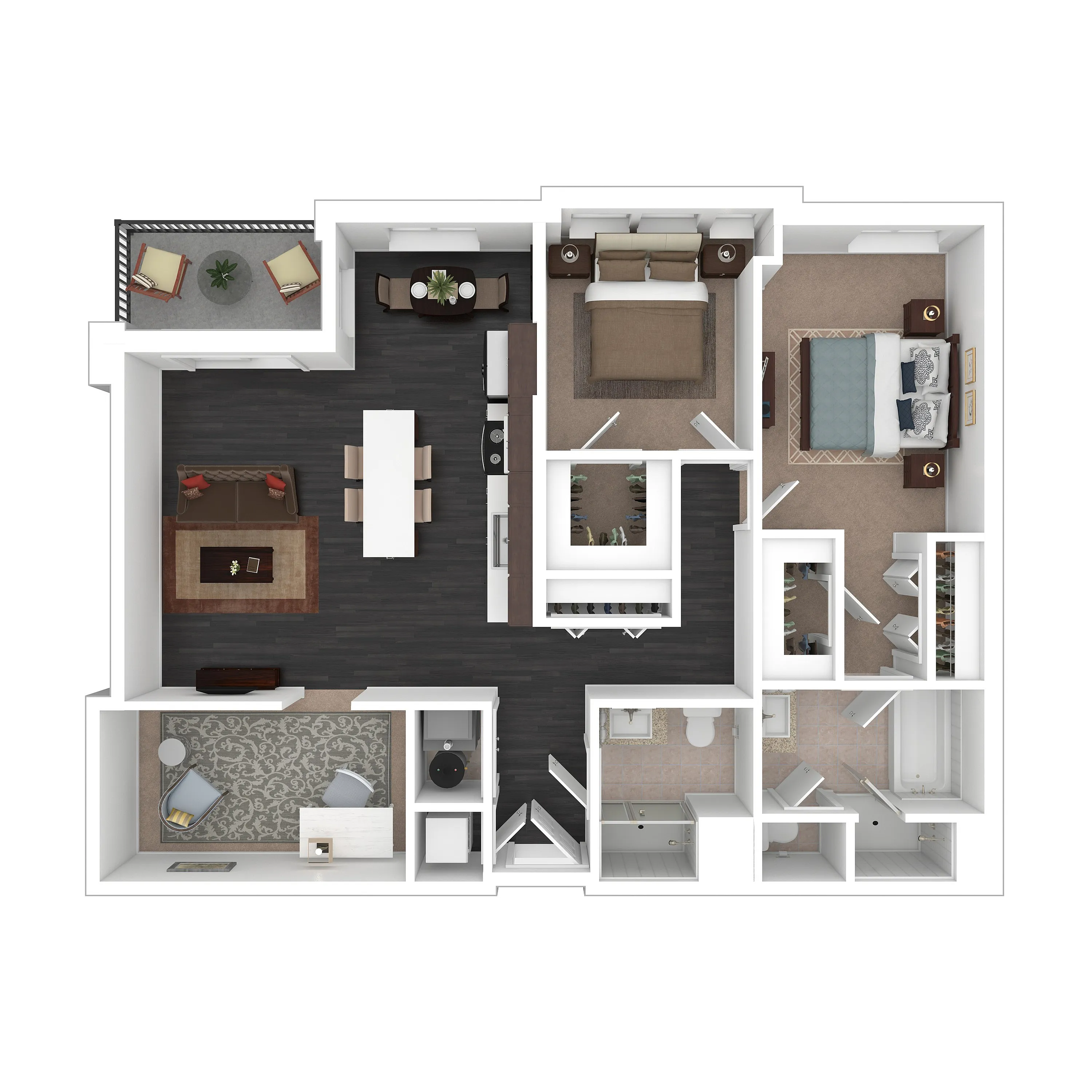 Modern apartment floor plan featuring 2 bedrooms, a spacious living room, open kitchen, and a cozy home office with balcony access.