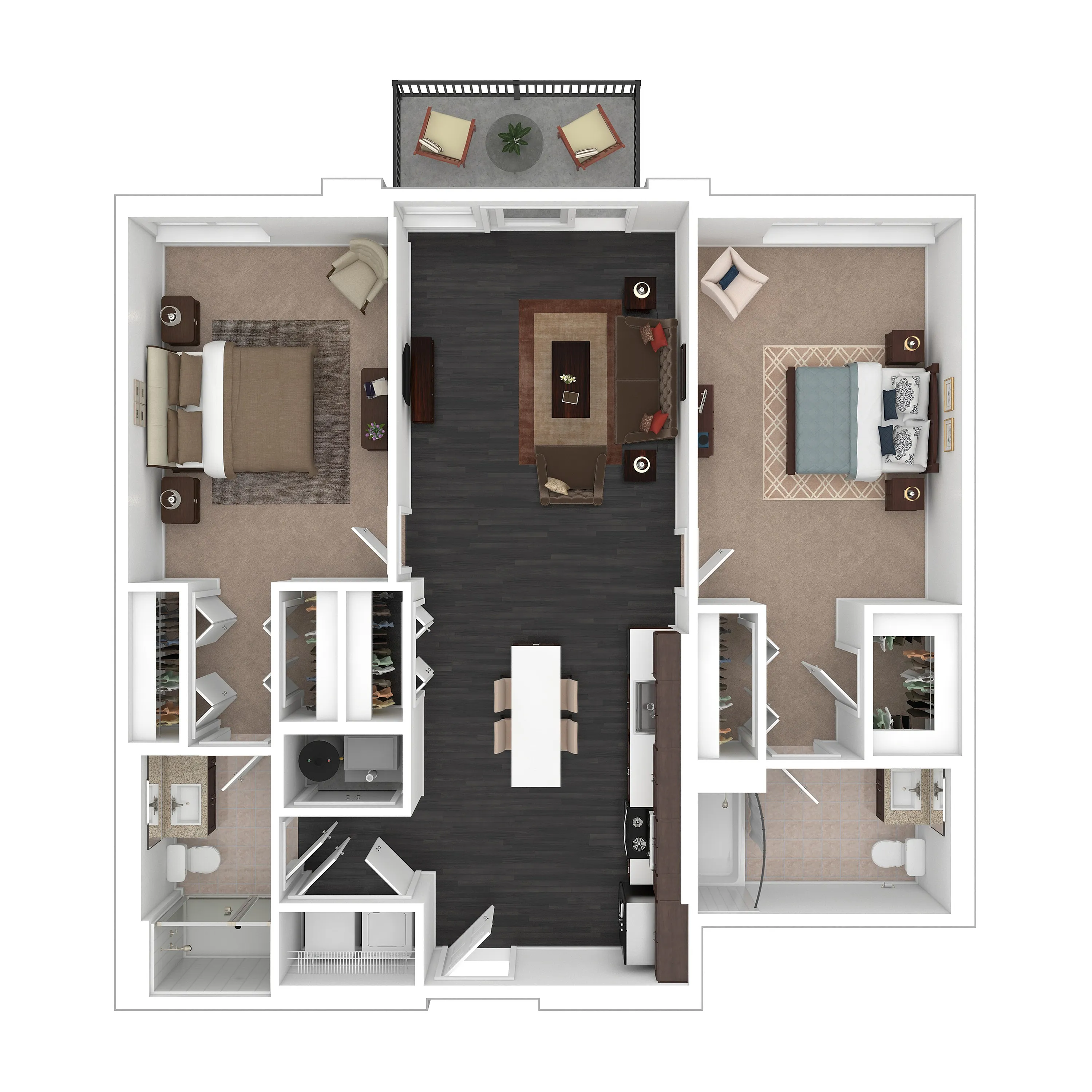 Modern floor plan featuring two spacious bedrooms, inviting living area, open-concept kitchen, and elegant bathrooms with ample storage.