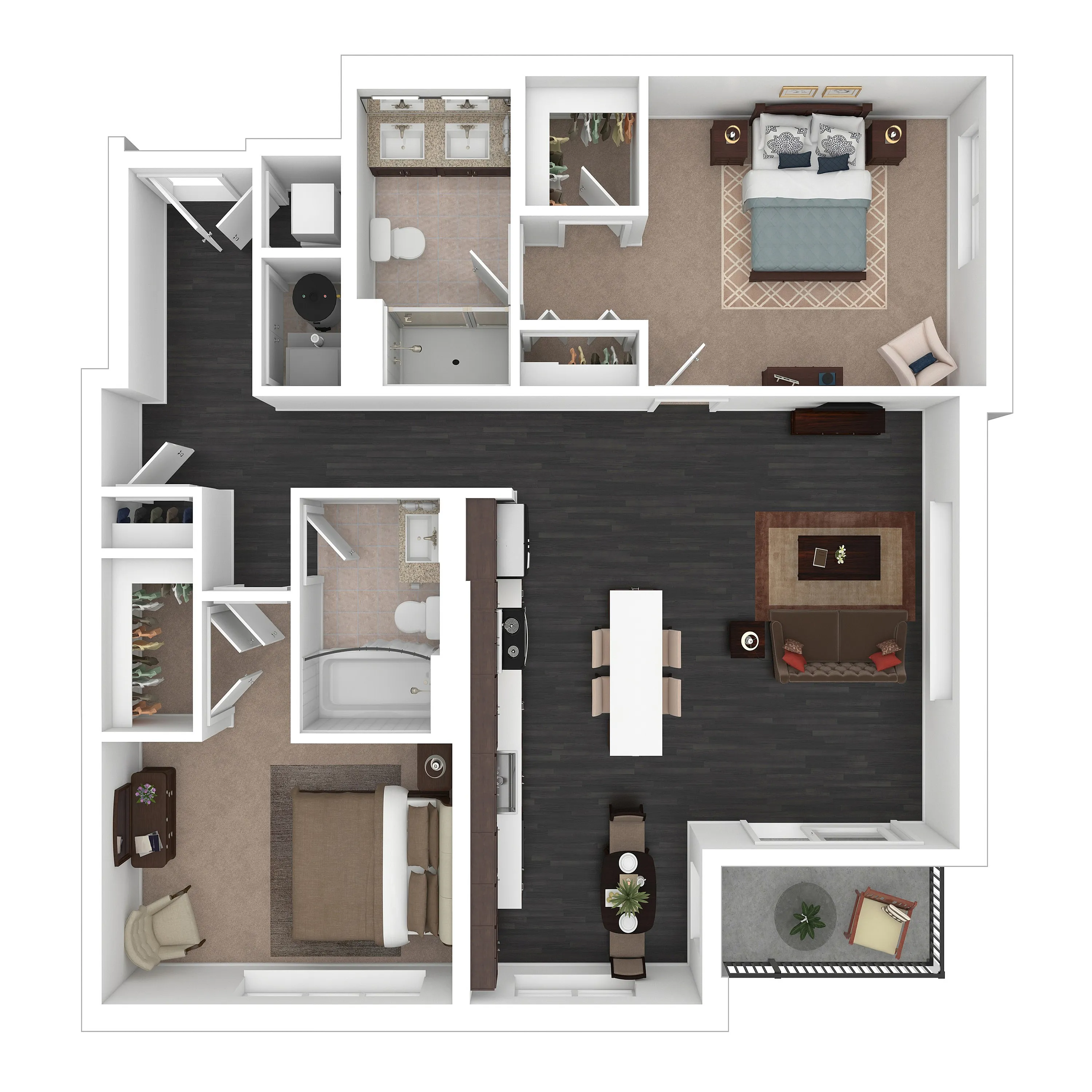 Modern 3D floor plan showcasing 2 spacious bedrooms, elegant bathrooms, and an open-concept living area with a sleek kitchen. Includes a cozy nook and a charming balcony for relaxation.