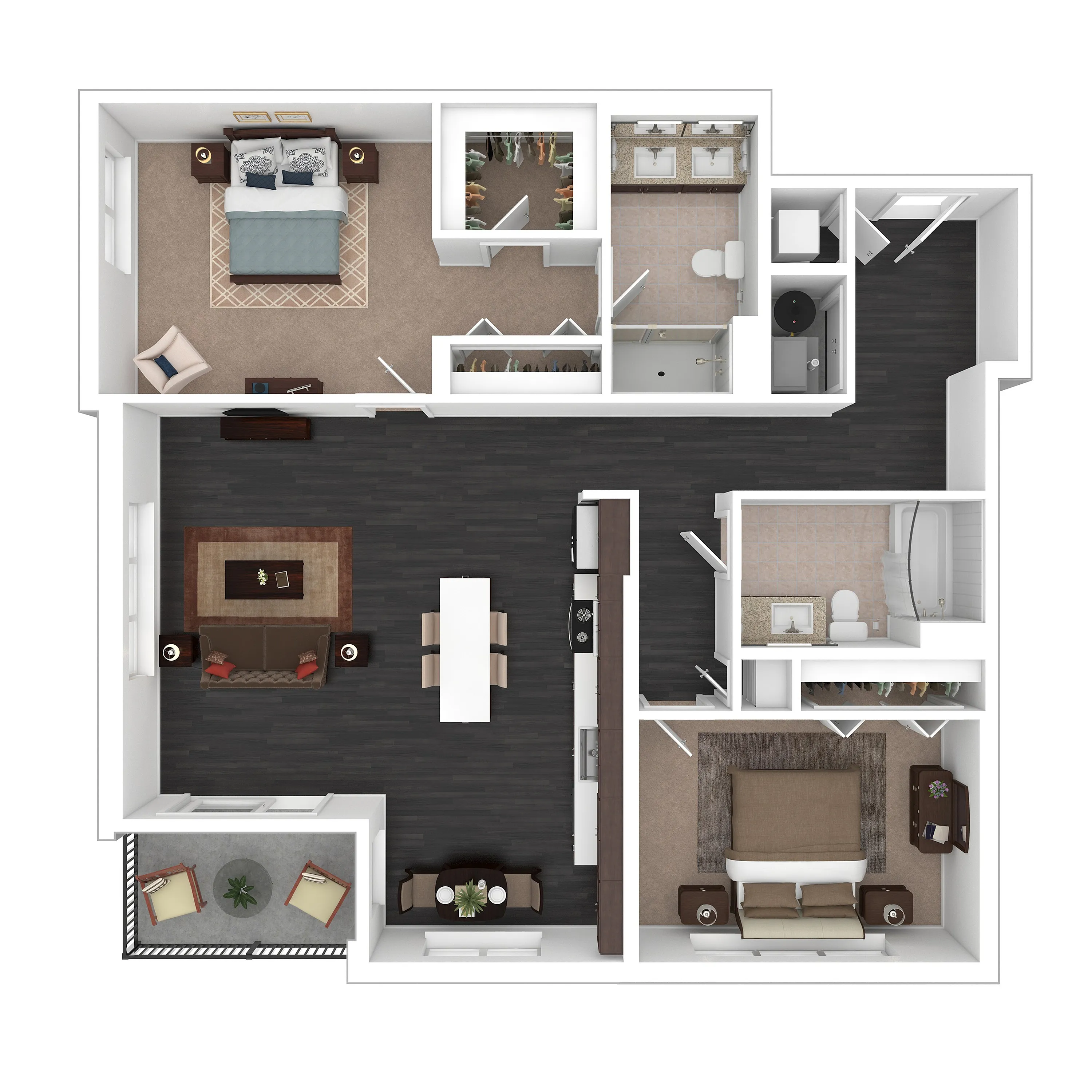Elegant apartment floor plan showcasing 2 cozy bedrooms, modern kitchen, open living area, and private balcony.