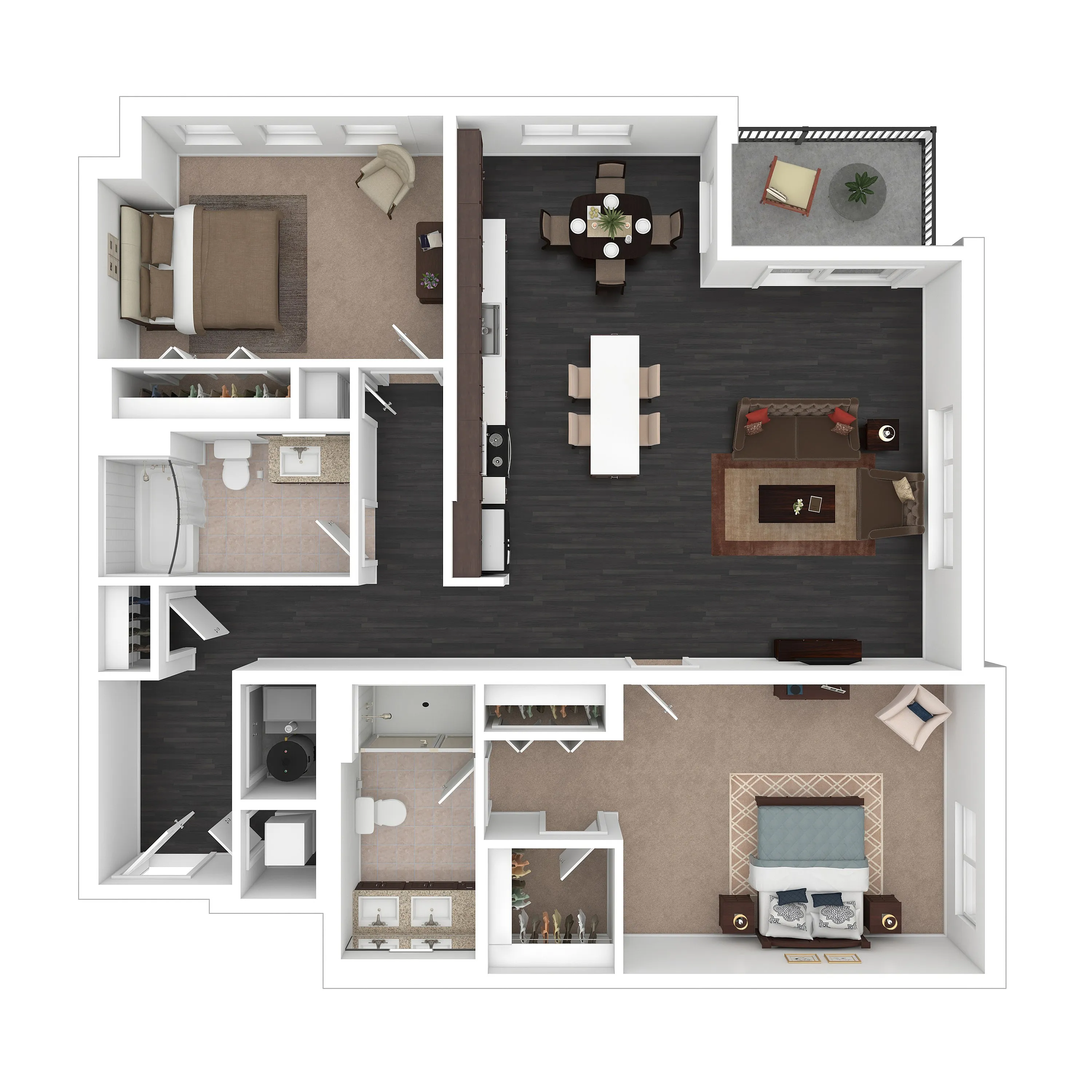 Modern 2D floor plan showcasing 2 bedrooms, spacious living area, gourmet kitchen, and private balcony.