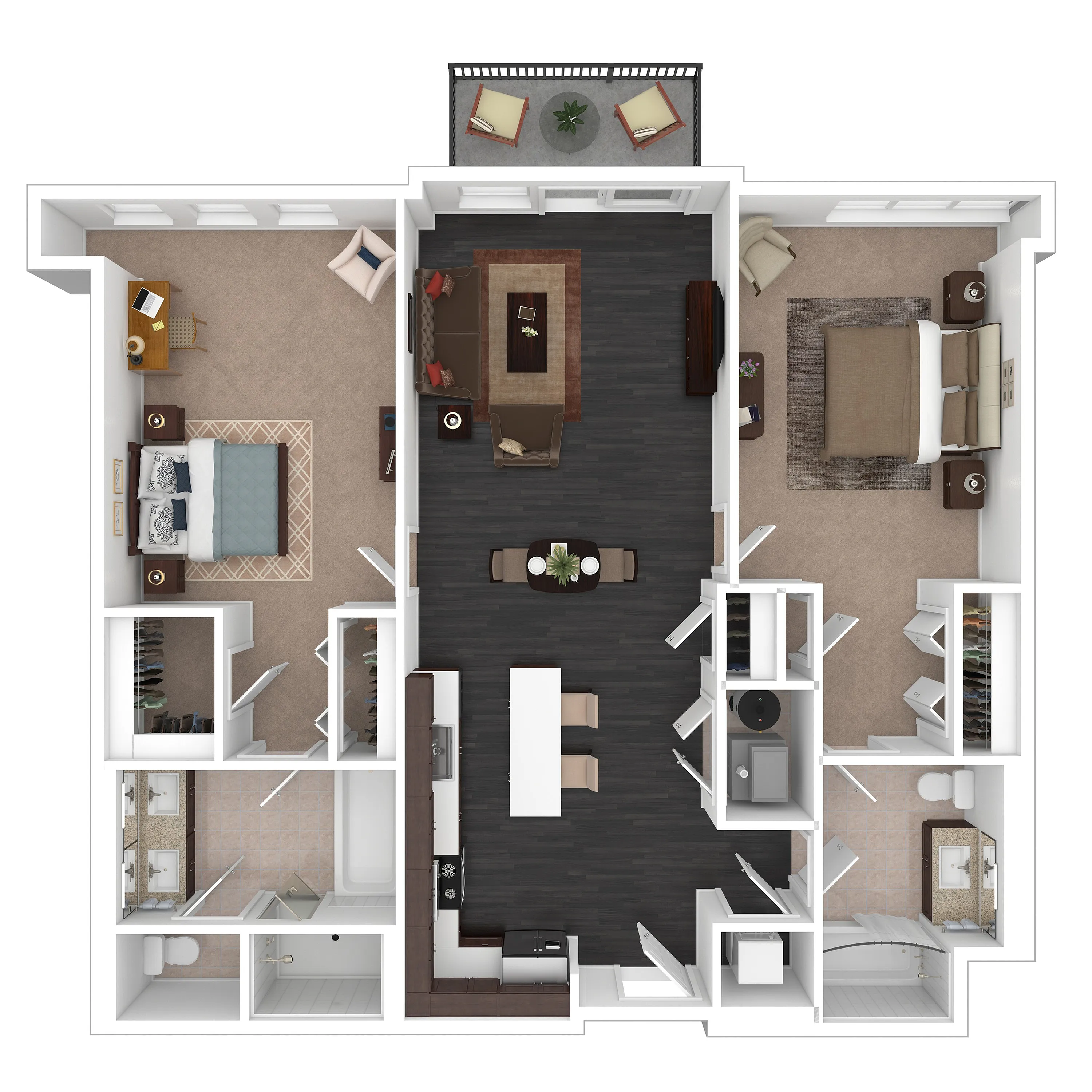 Chic apartment floor plan featuring 2 spacious bedrooms, an open-concept living and dining area, a modern kitchen with an island, and a relaxing balcony.