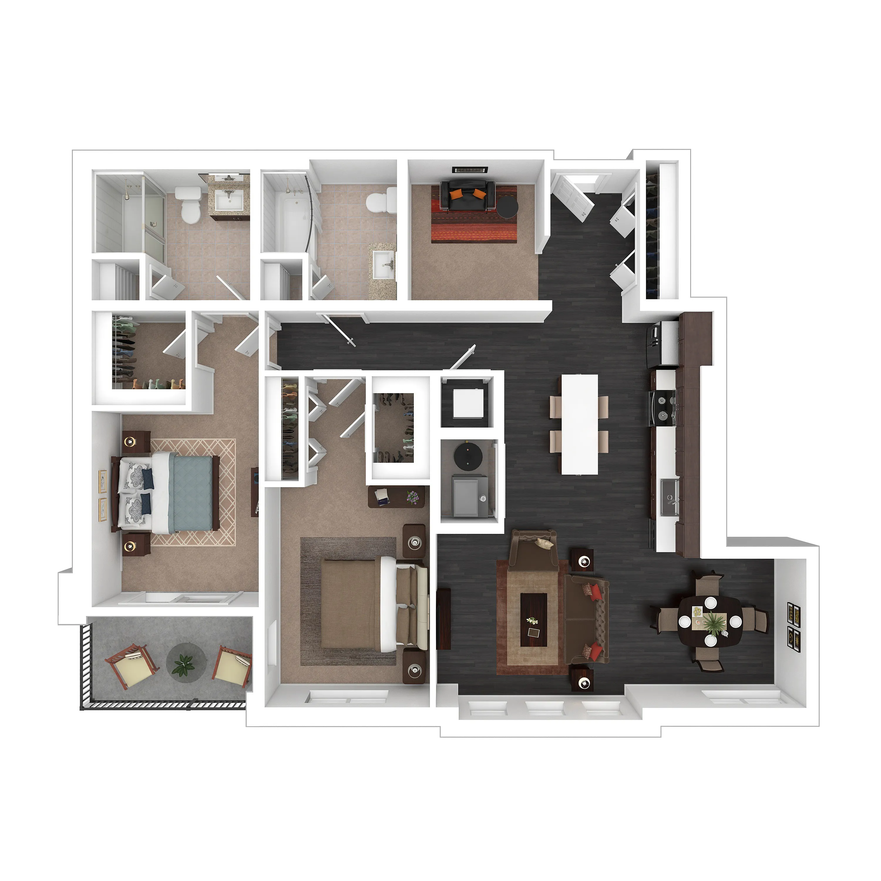 Modern floor plan featuring 2 spacious bedrooms, open-concept living and dining area, stylish kitchen, and two bathrooms, ideal for comfortable living.