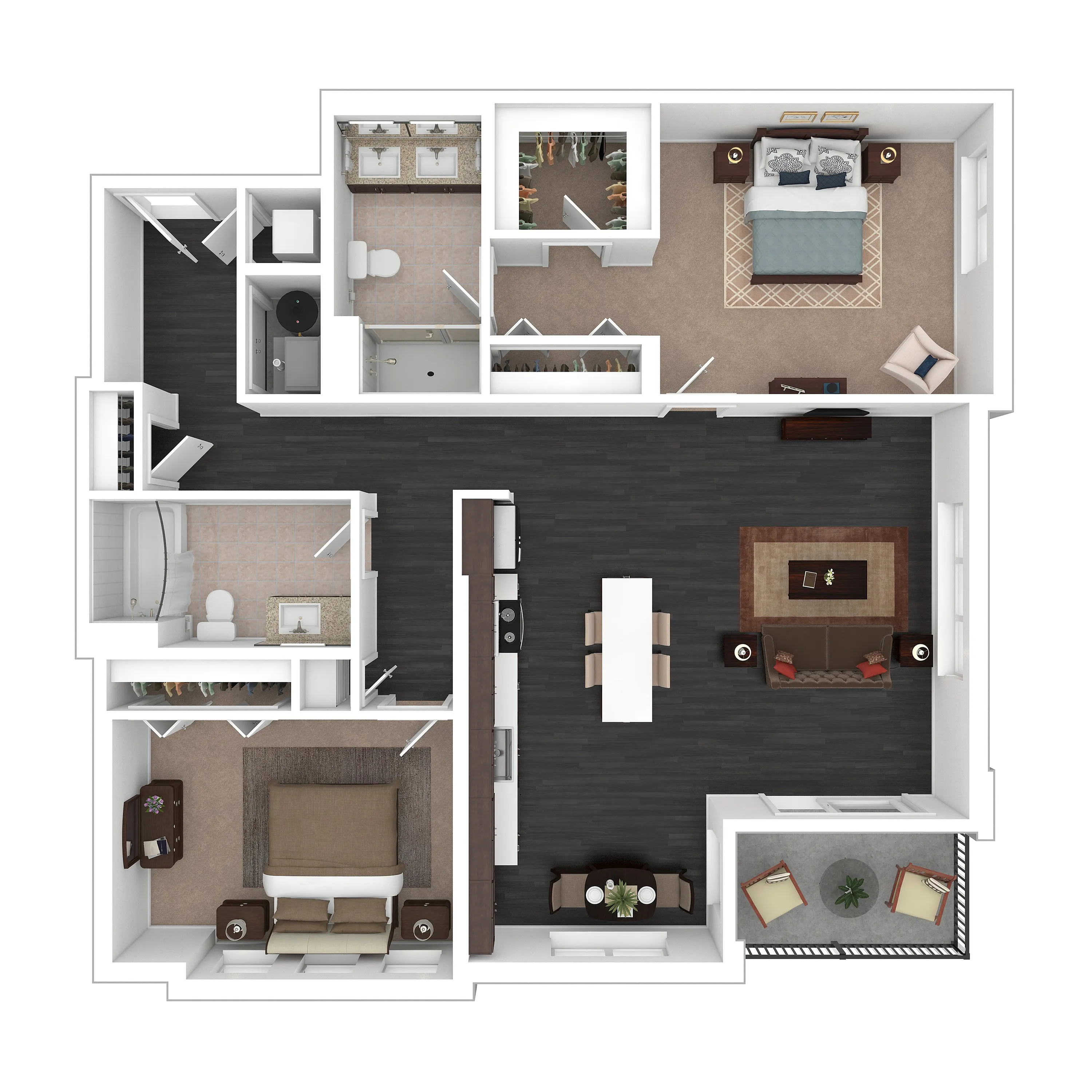 Modern floor plan featuring a cozy 2-bedroom layout with an open-concept living and dining area, a stylish kitchen, and a spacious balcony. Features include two bathrooms and ample storage space, ideal for comfortable urban living.