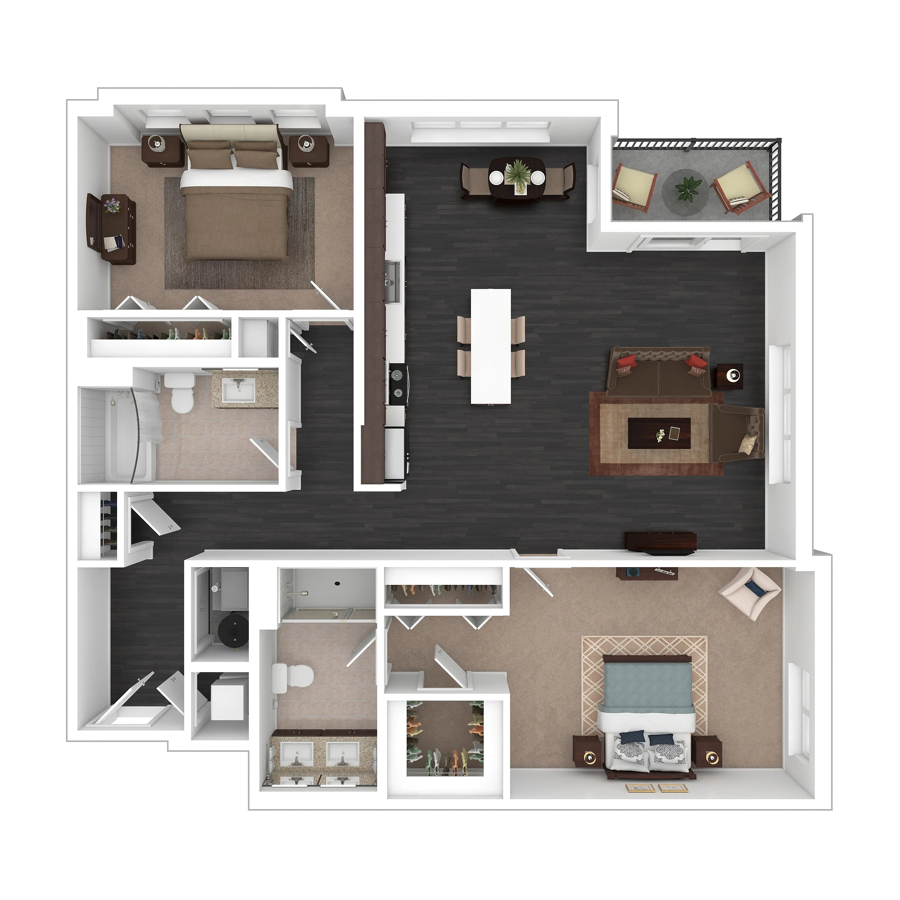 Modern apartment floor plan featuring two spacious bedrooms, two elegant bathrooms, an open-concept living and dining area, a sleek kitchen, and a cozy balcony.