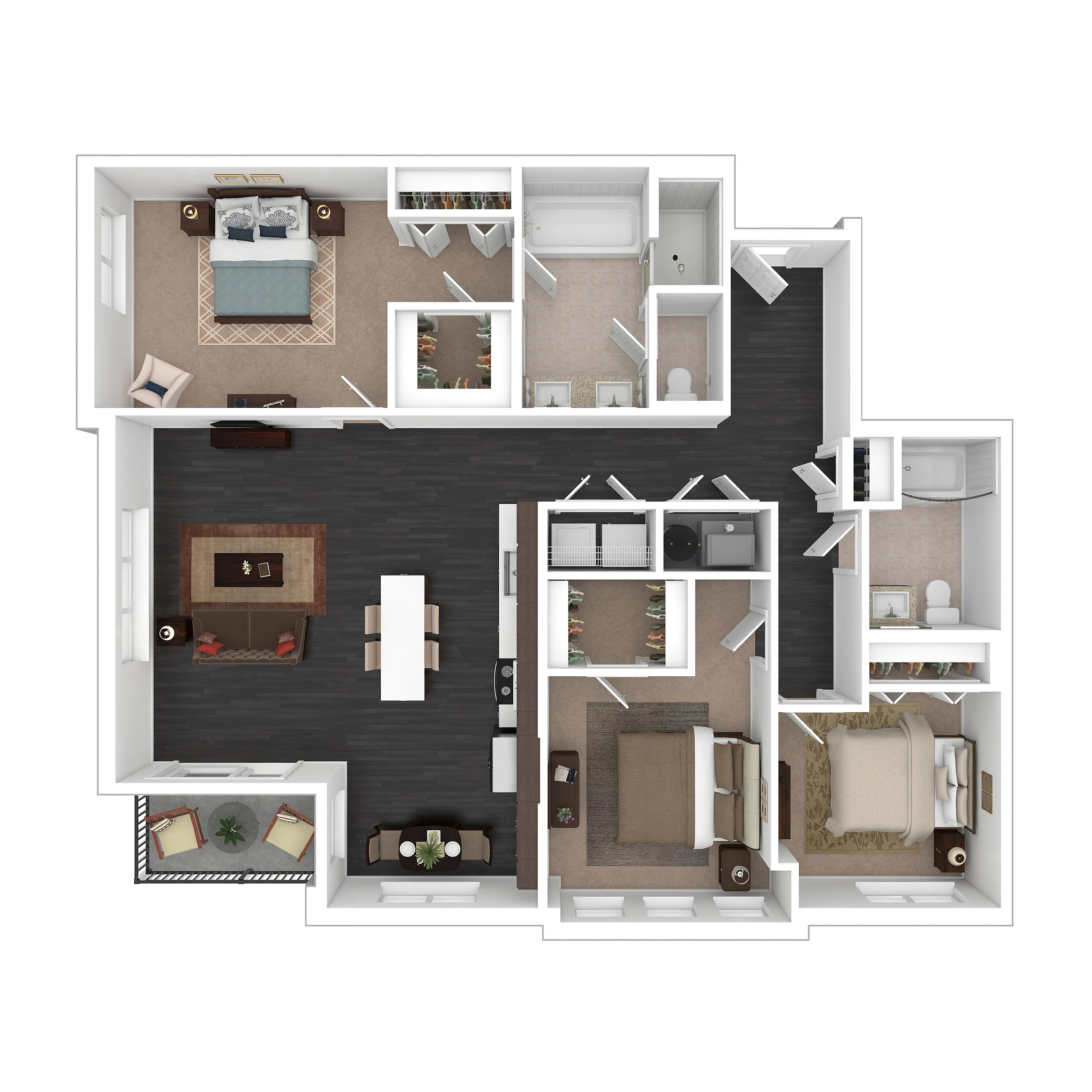 Modern 3D floor plan featuring 3 spacious bedrooms, an elegant open-concept kitchen with an island, inviting living and dining area, and contemporary fixtures.