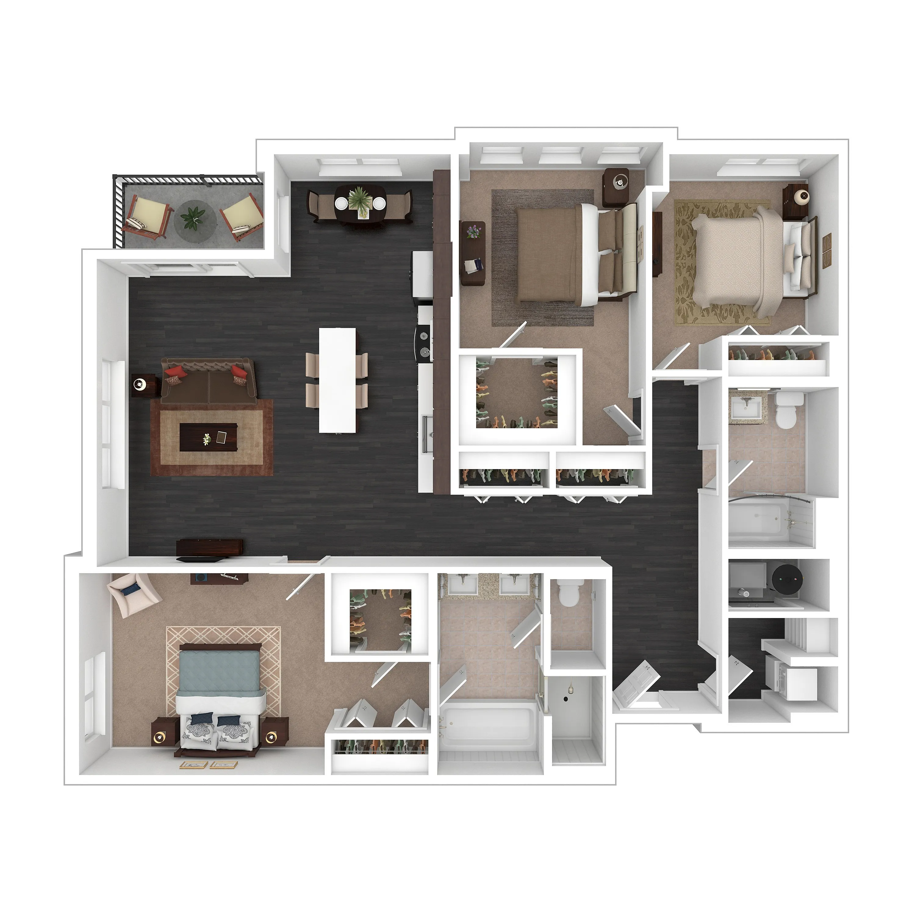 Modern 3D floor plan showcasing three bedrooms, a luxurious open living and dining area, and a sleek kitchen with an island. Includes two bathrooms and a cozy balcony for relaxation.