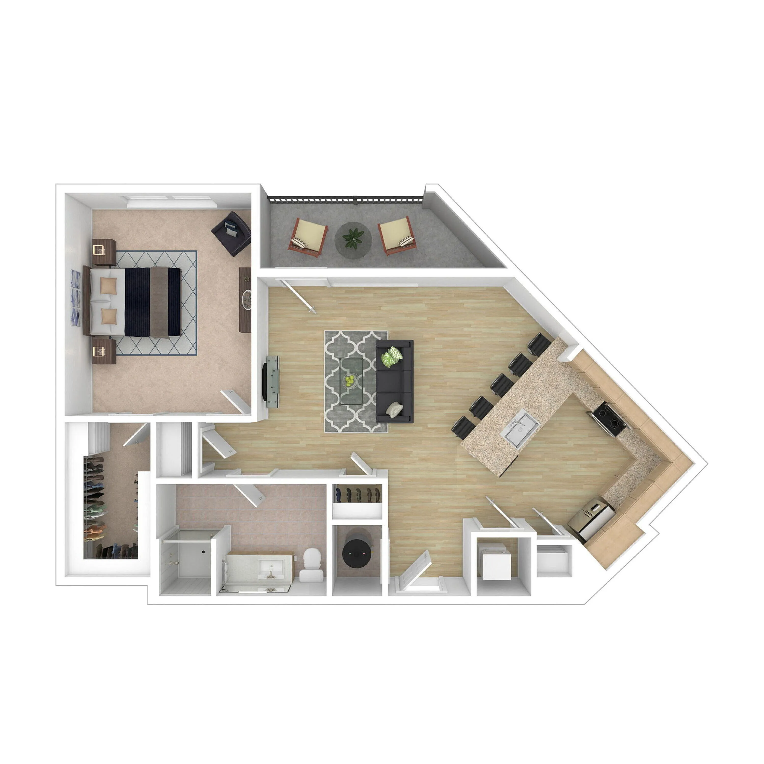 Modern floor plan showcasing a spacious 1-bedroom apartment with an open-concept living area, sleek kitchen with island, and cozy balcony.