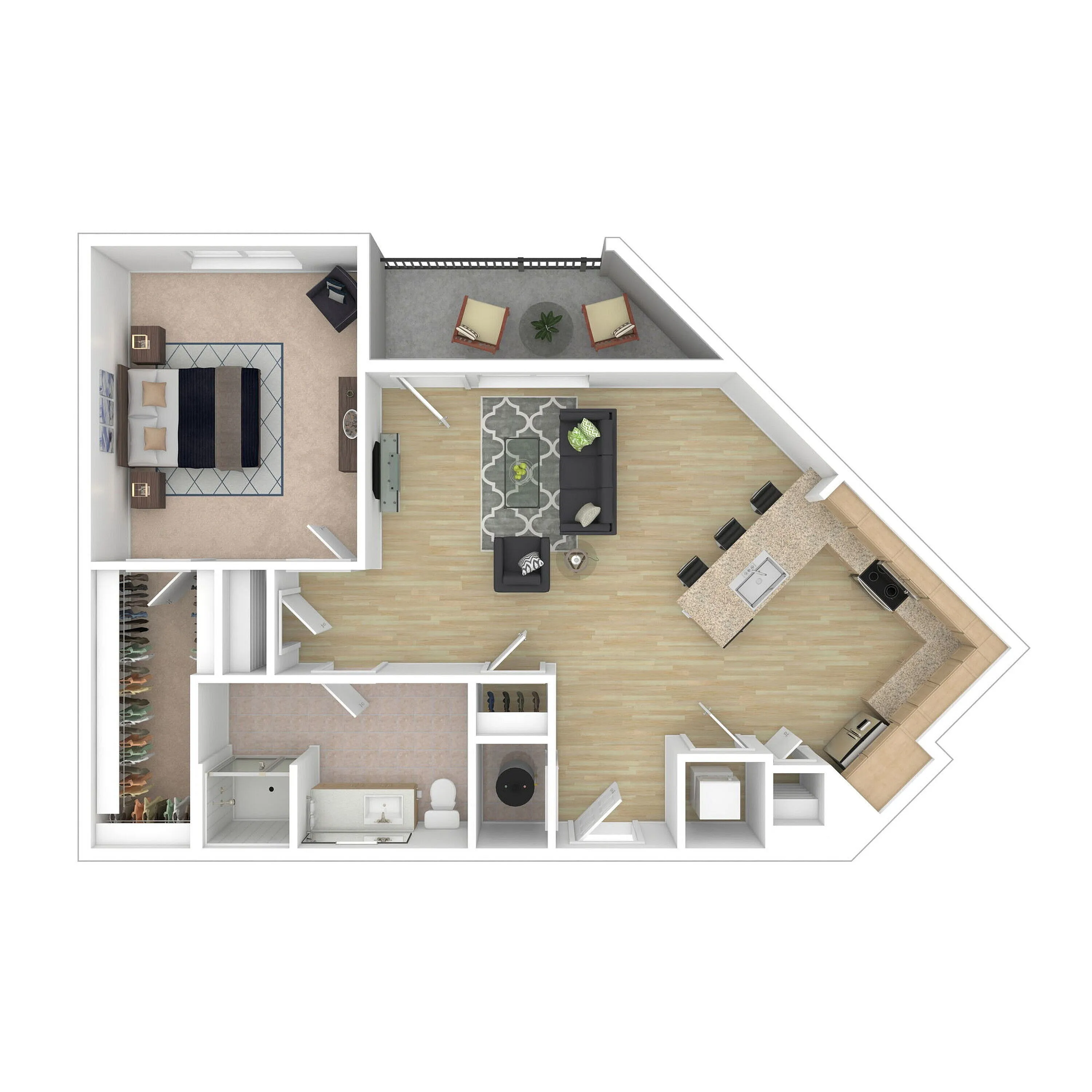 Chic floor plan with a roomy one-bedroom, open-concept living and dining area, and modern kitchen; stylish outdoor patio included.