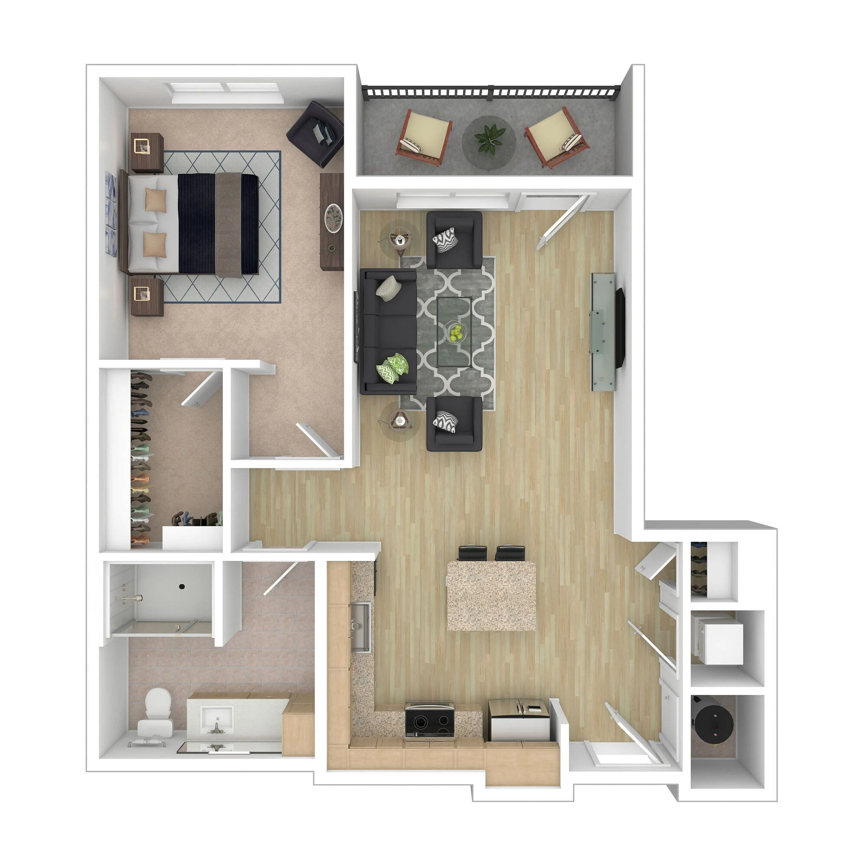 Modern apartment floor plan featuring 1 spacious bedroom, open-concept living and dining area, sleek kitchen with island, stylish bathroom, and private balcony.