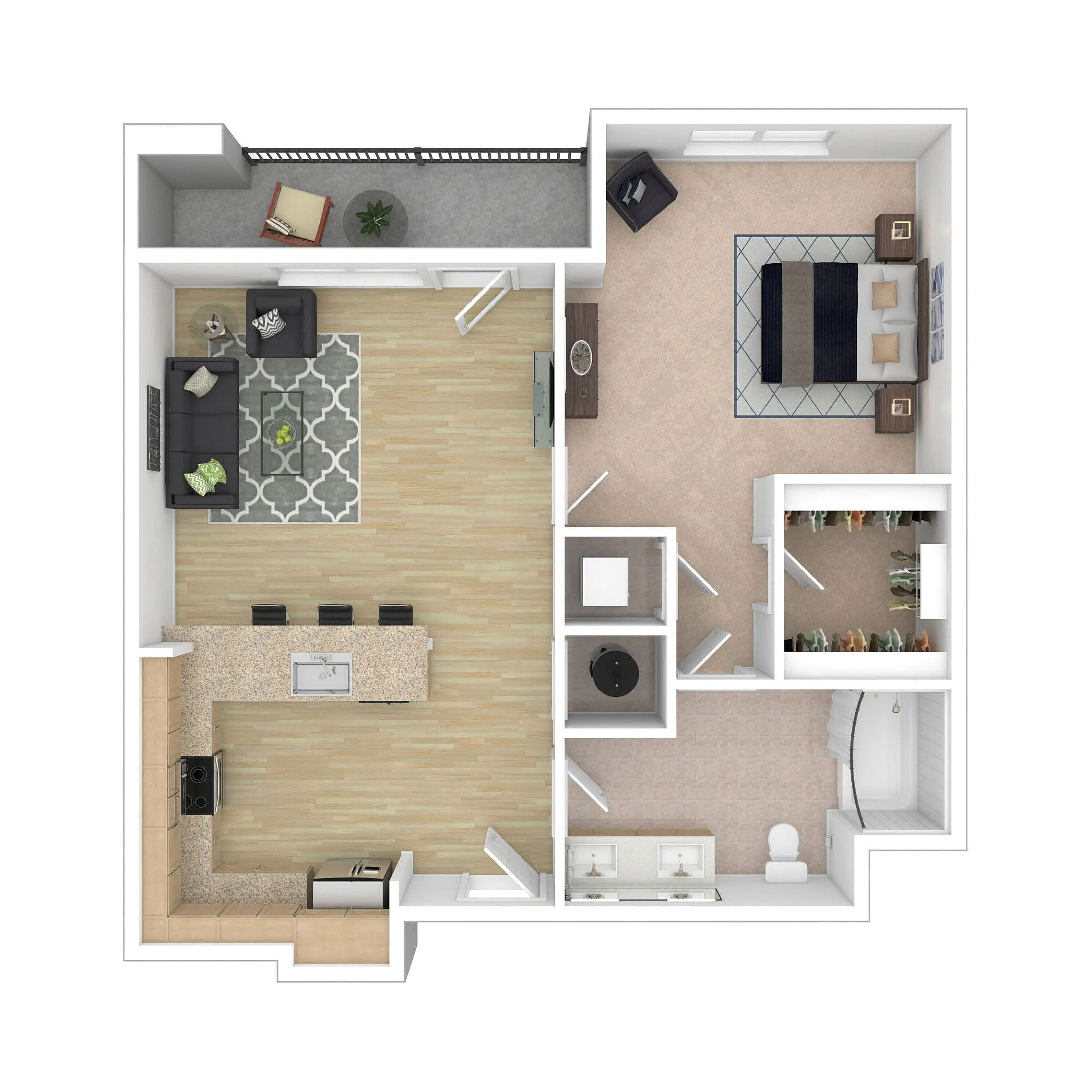 Elegant 2D floor plan featuring one bedroom, a modern open-concept living and kitchen area, a stylish bathroom, and a cozy balcony ideal for relaxation.