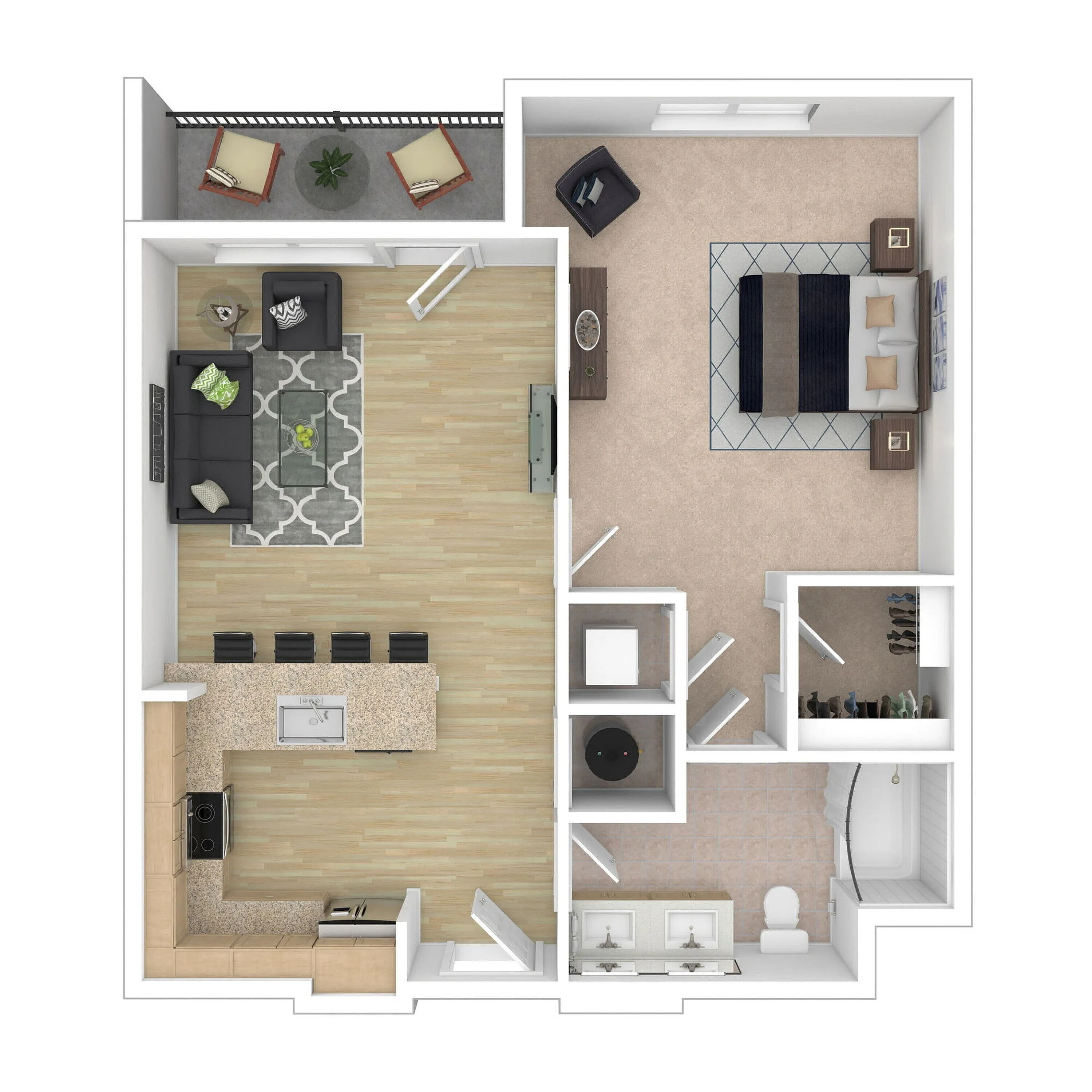 Modern apartment floor plan showcasing a spacious open-concept living area, a stylish kitchen with bar seating, a comfortable bedroom, and a cozy balcony.