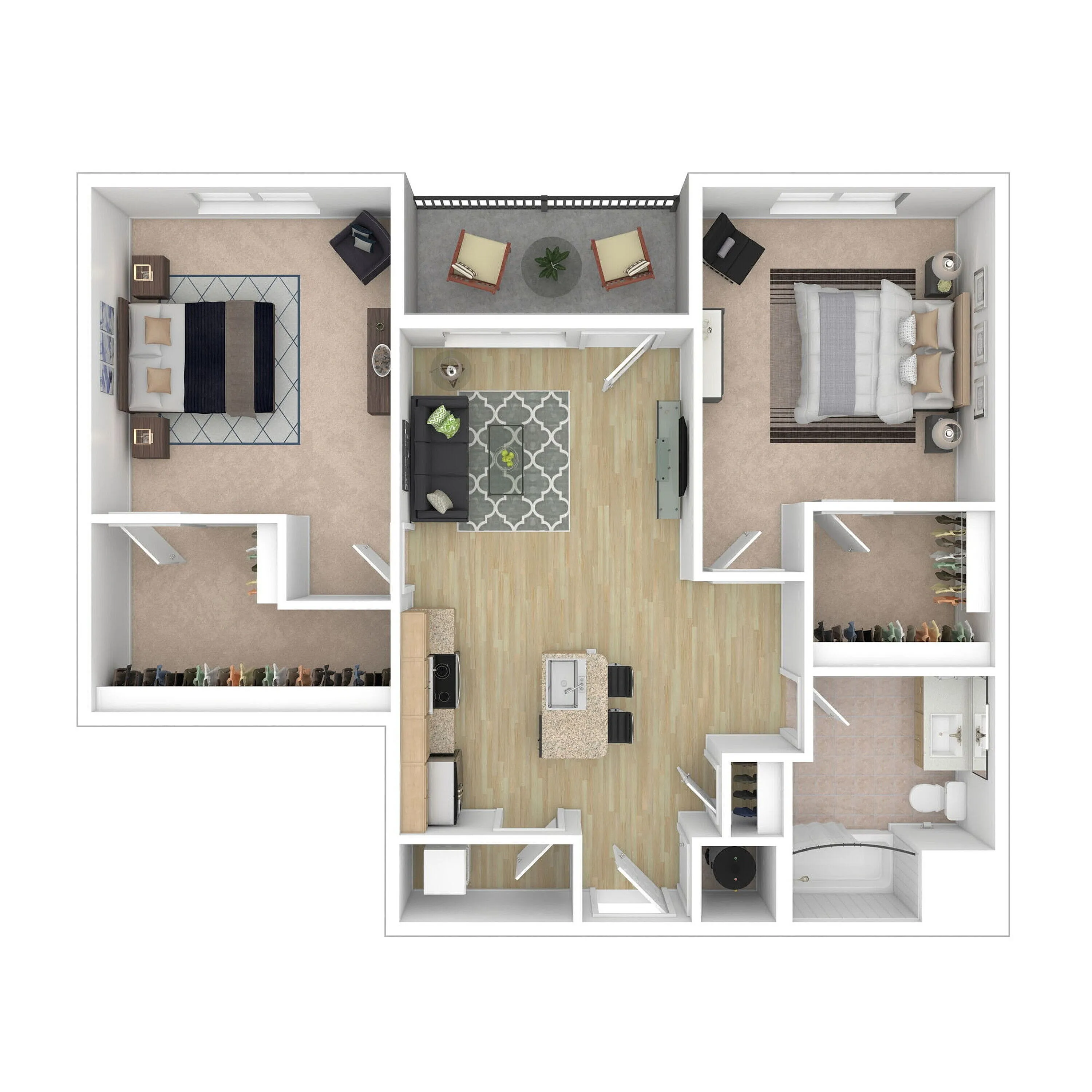 Contemporary floor plan showcasing two bedrooms, open living space, modern kitchen, and private balcony.