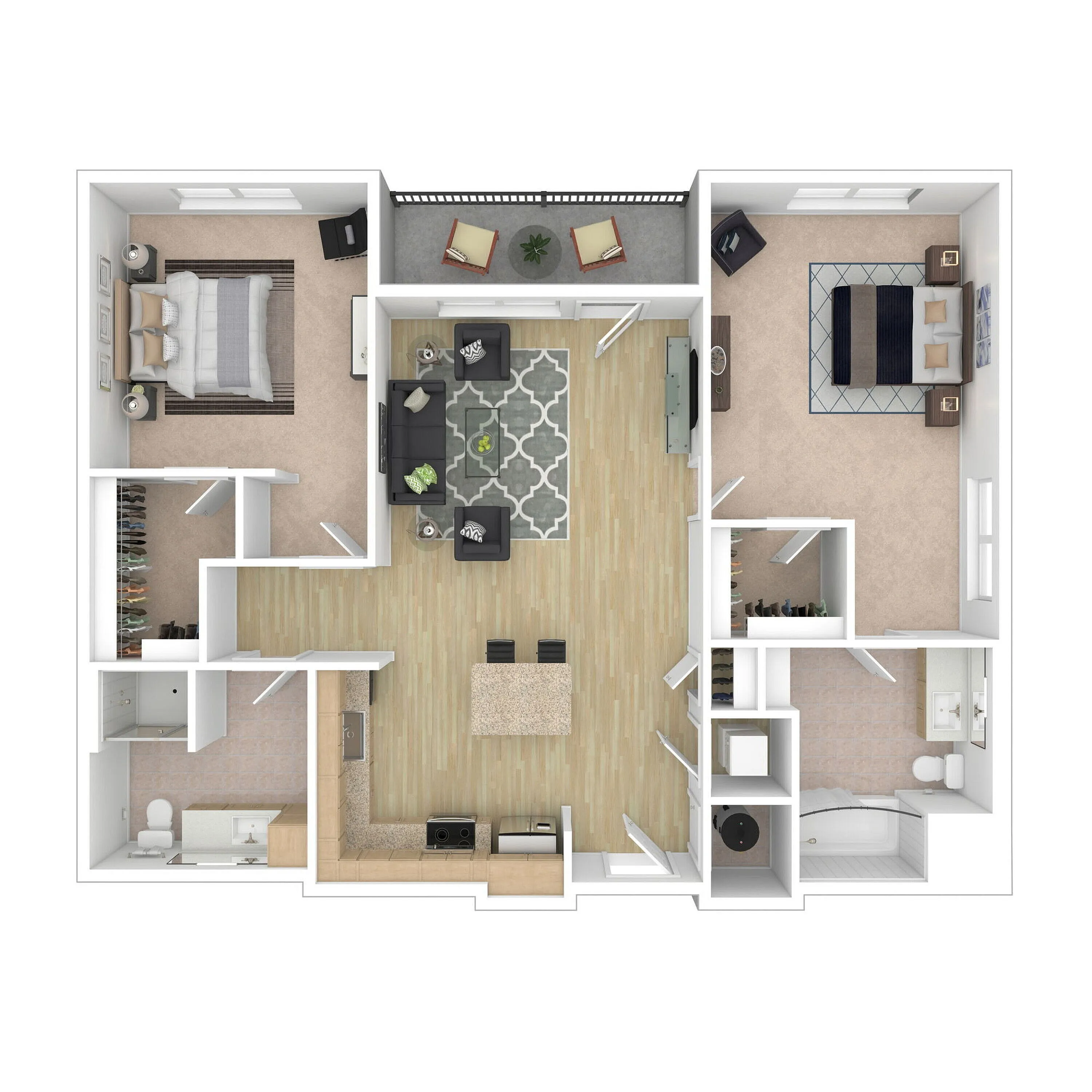 Contemporary 2D floor plan of an apartment showcasing 2 spacious bedrooms, open-concept living and dining area, modern kitchen with island, and private balcony.