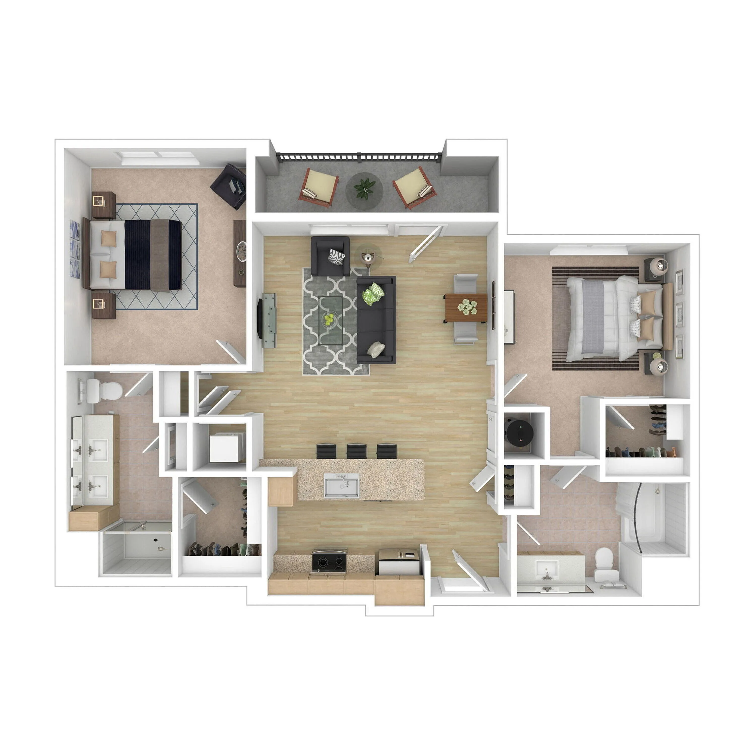 Elegant 2D floor plan showcasing 2 spacious bedrooms, modern open-concept living room, and stylish kitchen with island seating.
