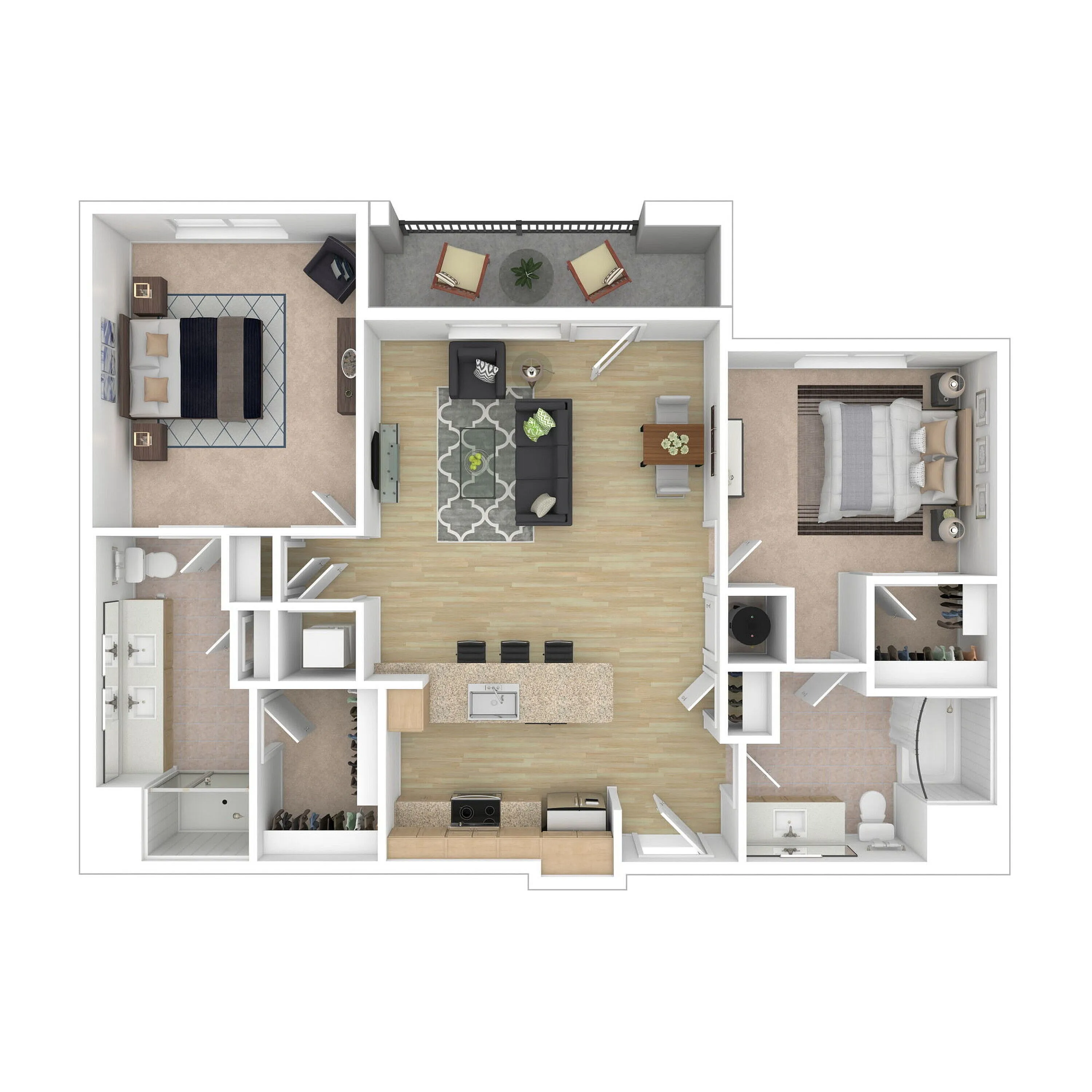 Elegant 2D floor plan with two spacious bedrooms, a modern open-concept kitchen and living room, and two bathrooms, featuring a stylish balcony area.