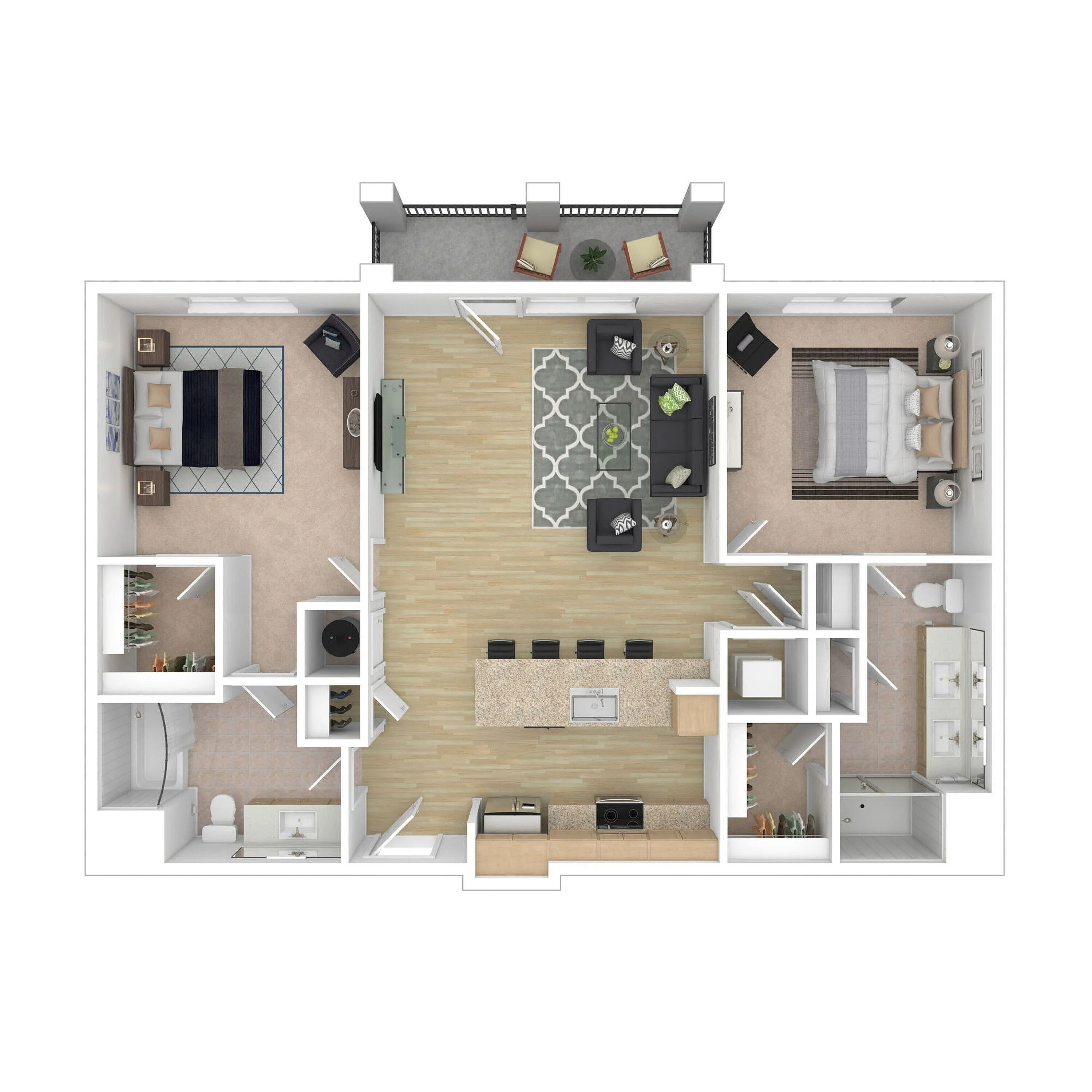 Modern apartment floor plan featuring 2 spacious bedrooms, open-concept kitchen with island, inviting living room, and two stylish bathrooms.