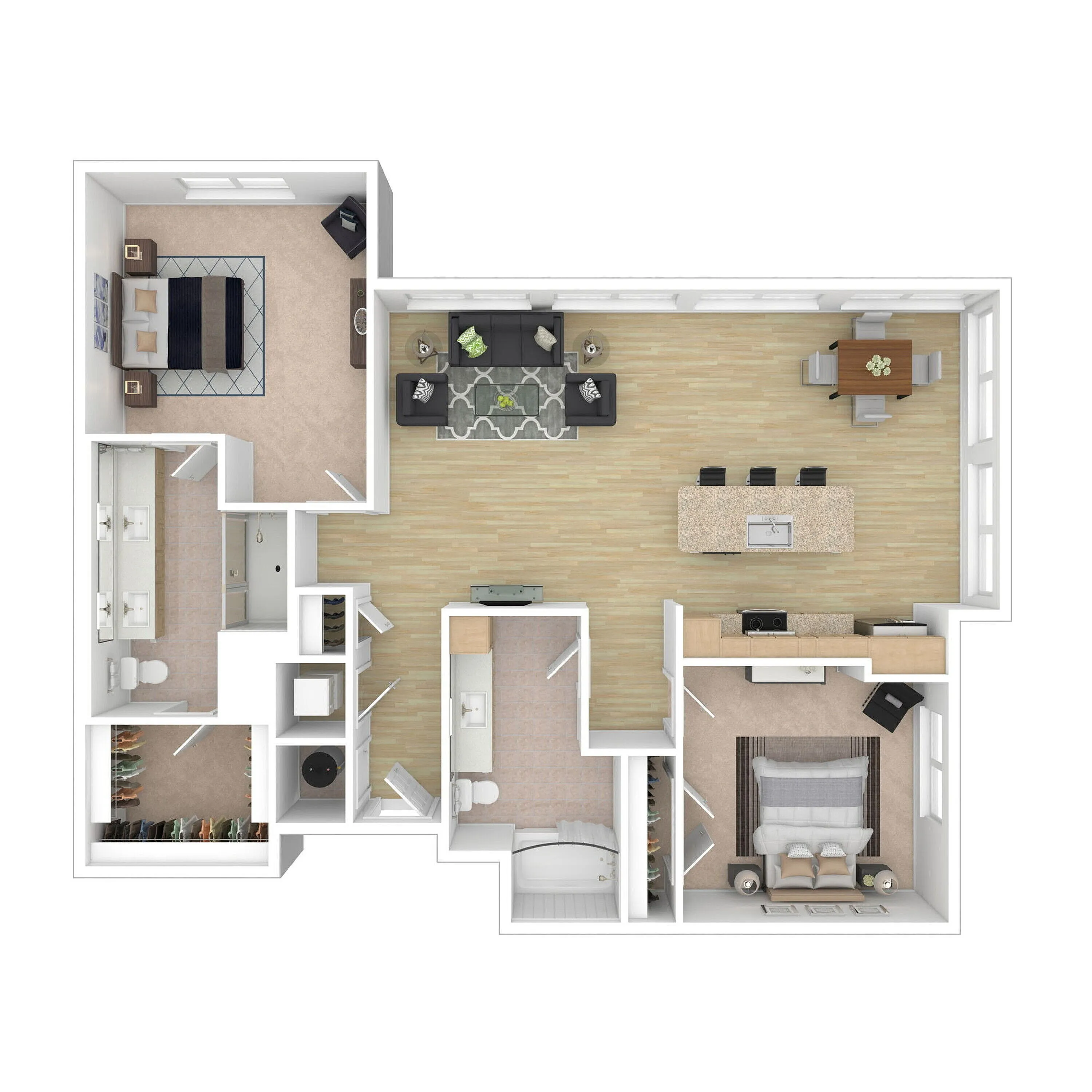 Modern floor plan showcasing 2 bedrooms, spacious open-concept living room, gourmet kitchen with island, and elegant bathrooms.