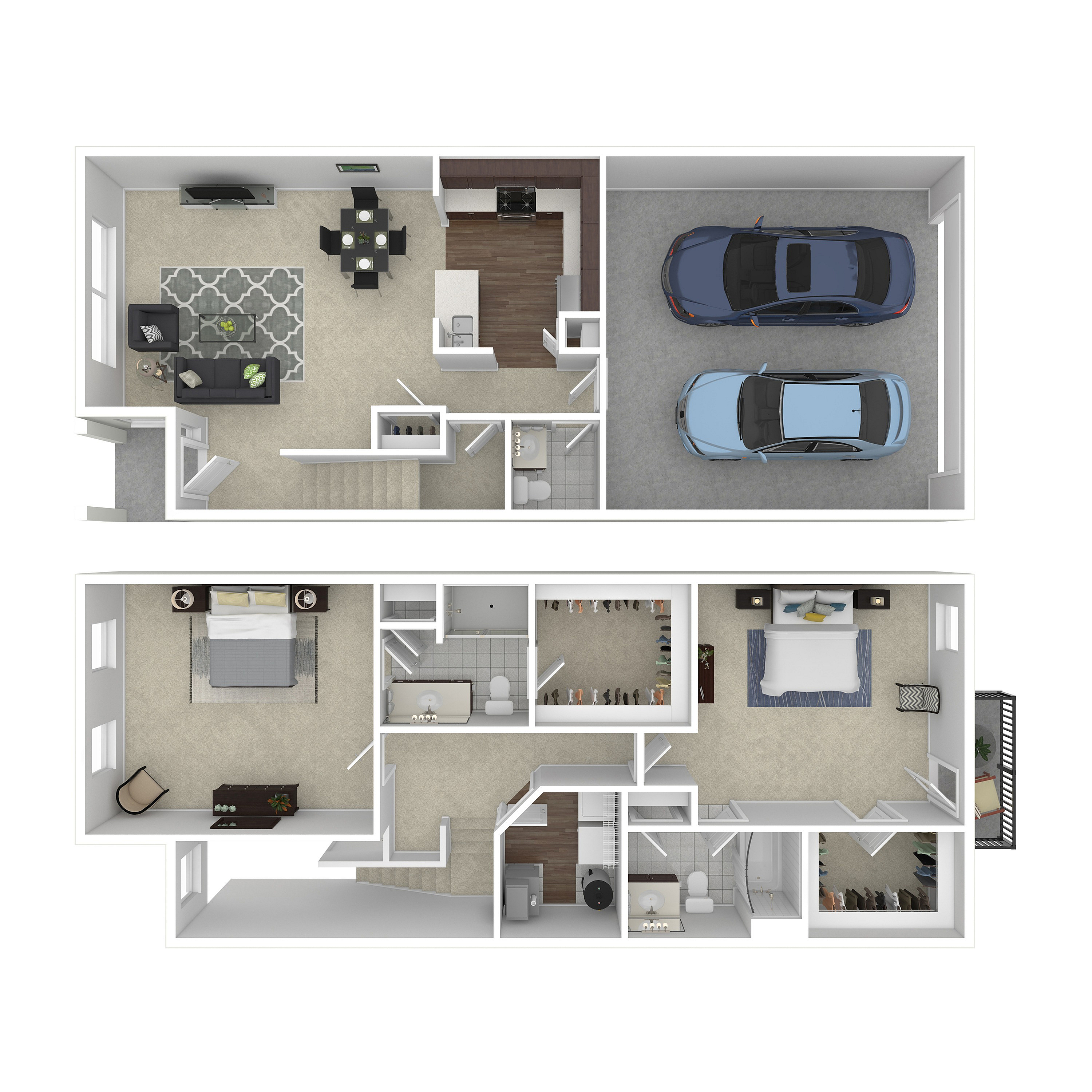 Modern two-level floor plan with 2 bedrooms, spacious living and dining area, sleek kitchen, and a double garage.