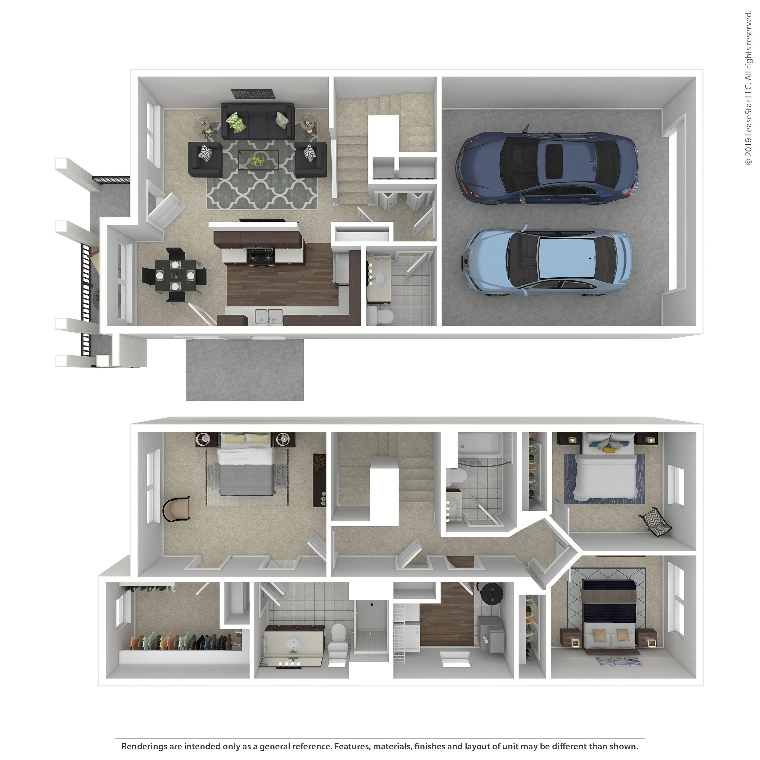 Modern 3D floor plan featuring two bedrooms, an inviting living area, sleek kitchen, and a spacious two-car garage.