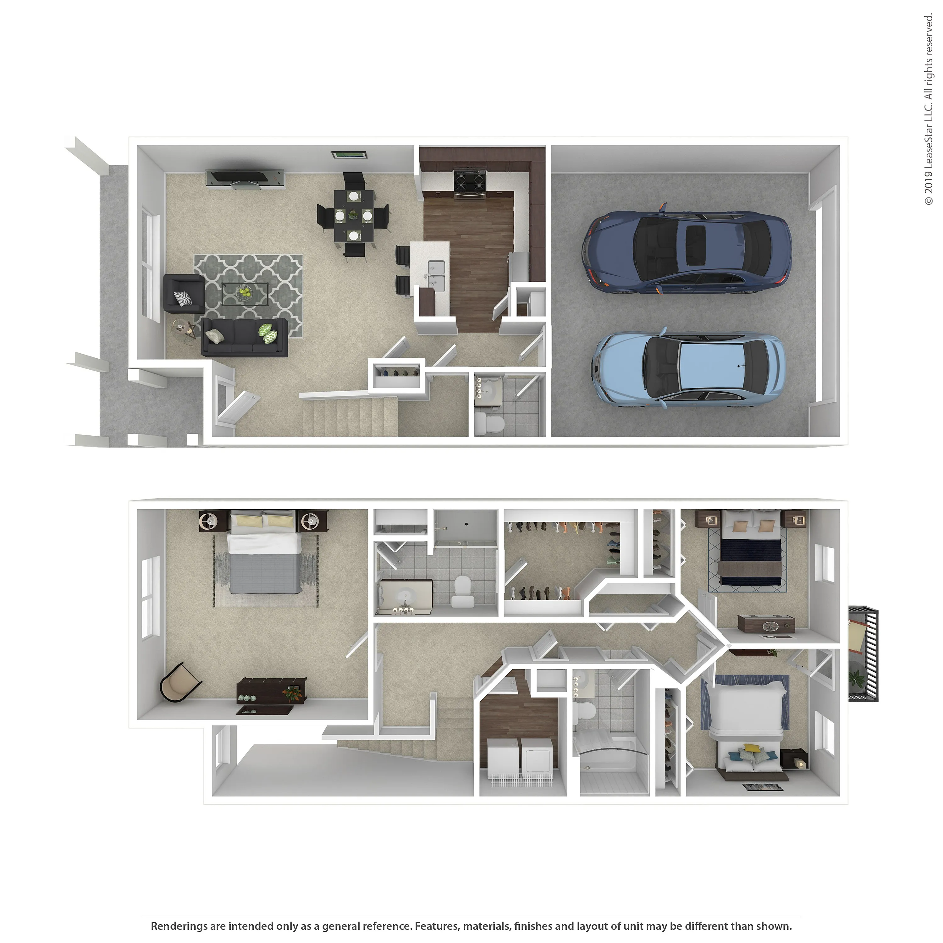 Modern 3D floor plan showcasing a spacious two-story layout with three bedrooms, a stylish open-concept kitchen and living area, and a convenient two-car garage.