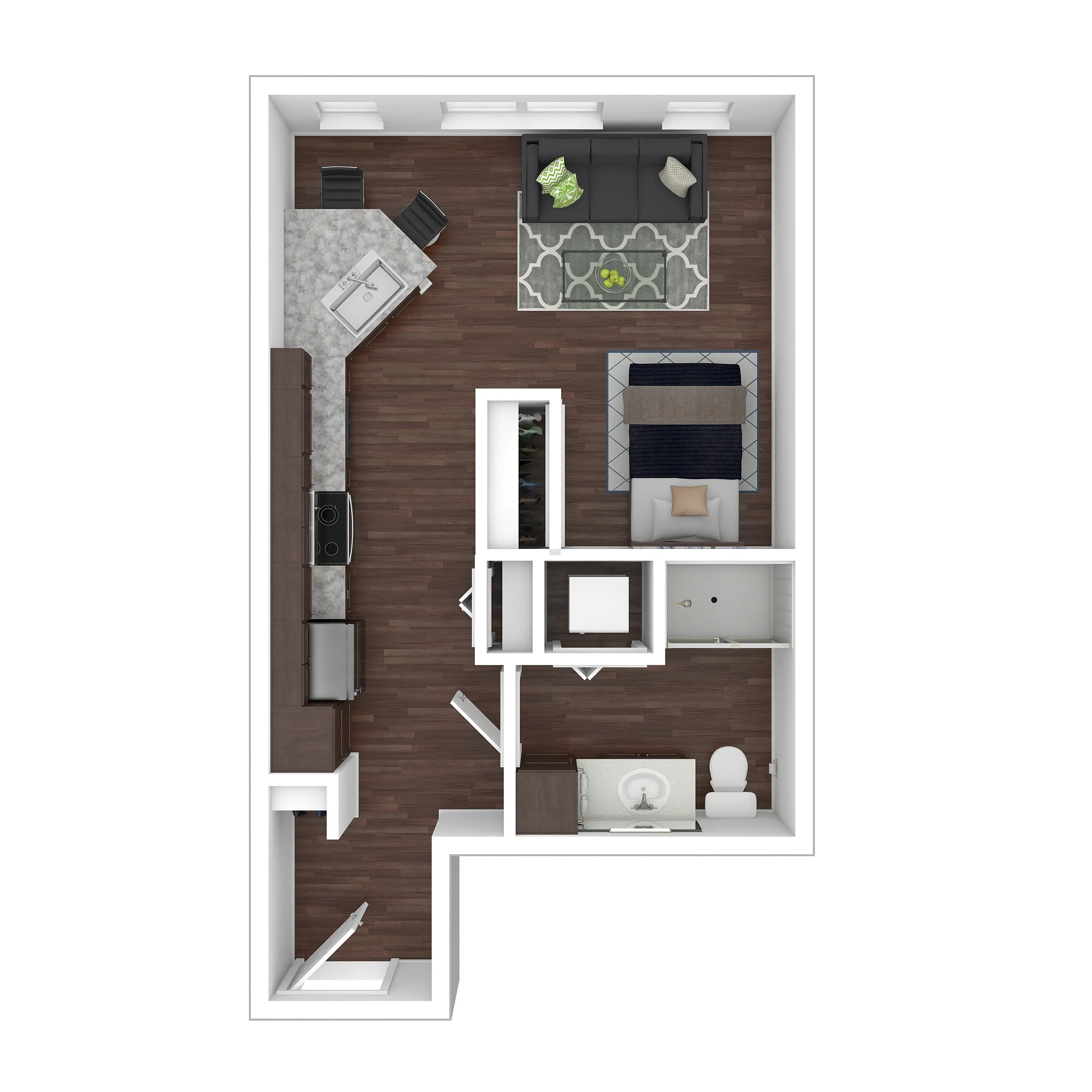 Contemporary floor plan featuring an open-concept living area with a modern kitchen, cozy bedroom, and sleek bathroom.