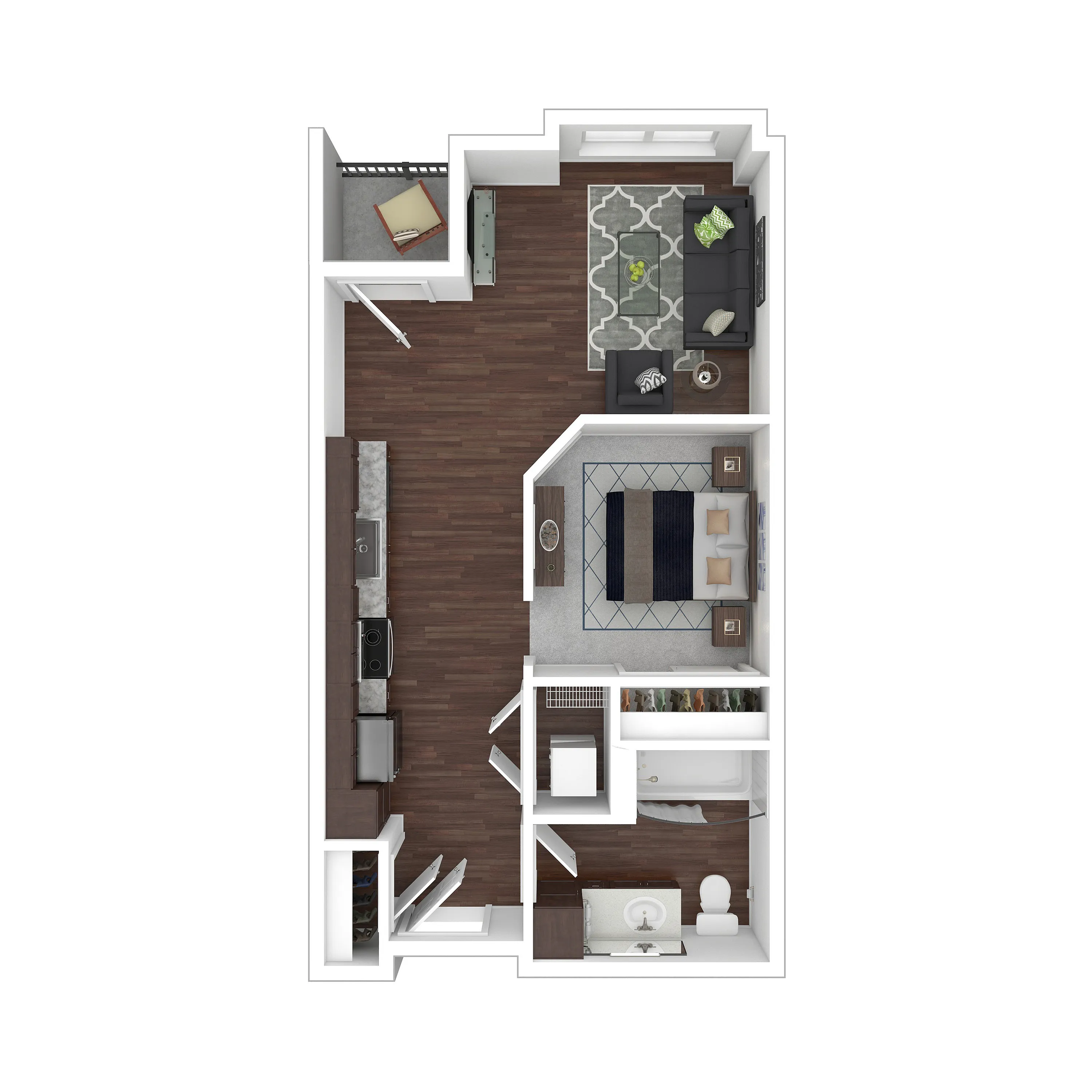 Modern floor plan featuring a spacious open-concept living and kitchen area, one cozy bedroom, and a stylish bathroom with balcony access.
