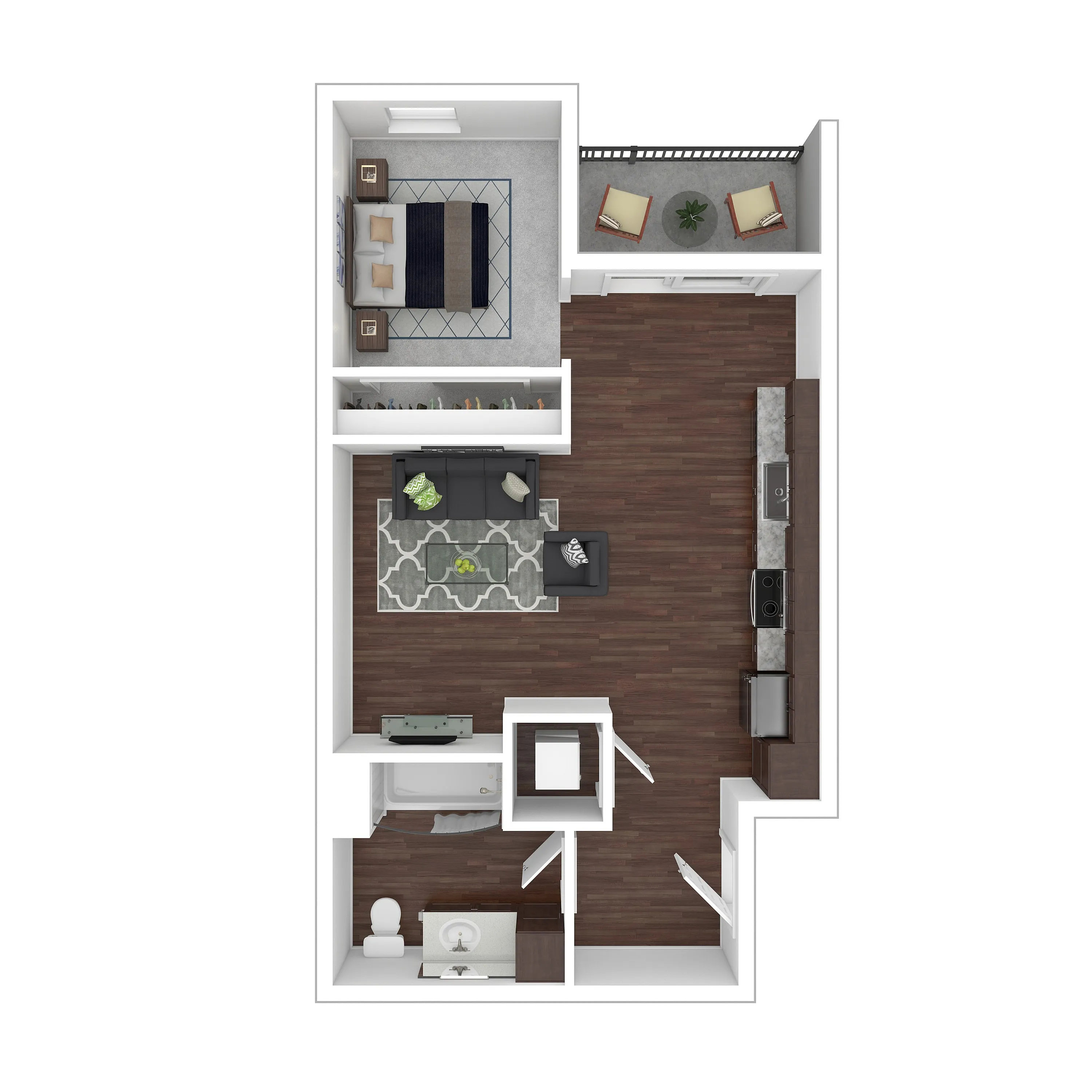 Modern floor plan featuring one bedroom, spacious living area, sleek kitchen, and cozy balcony.