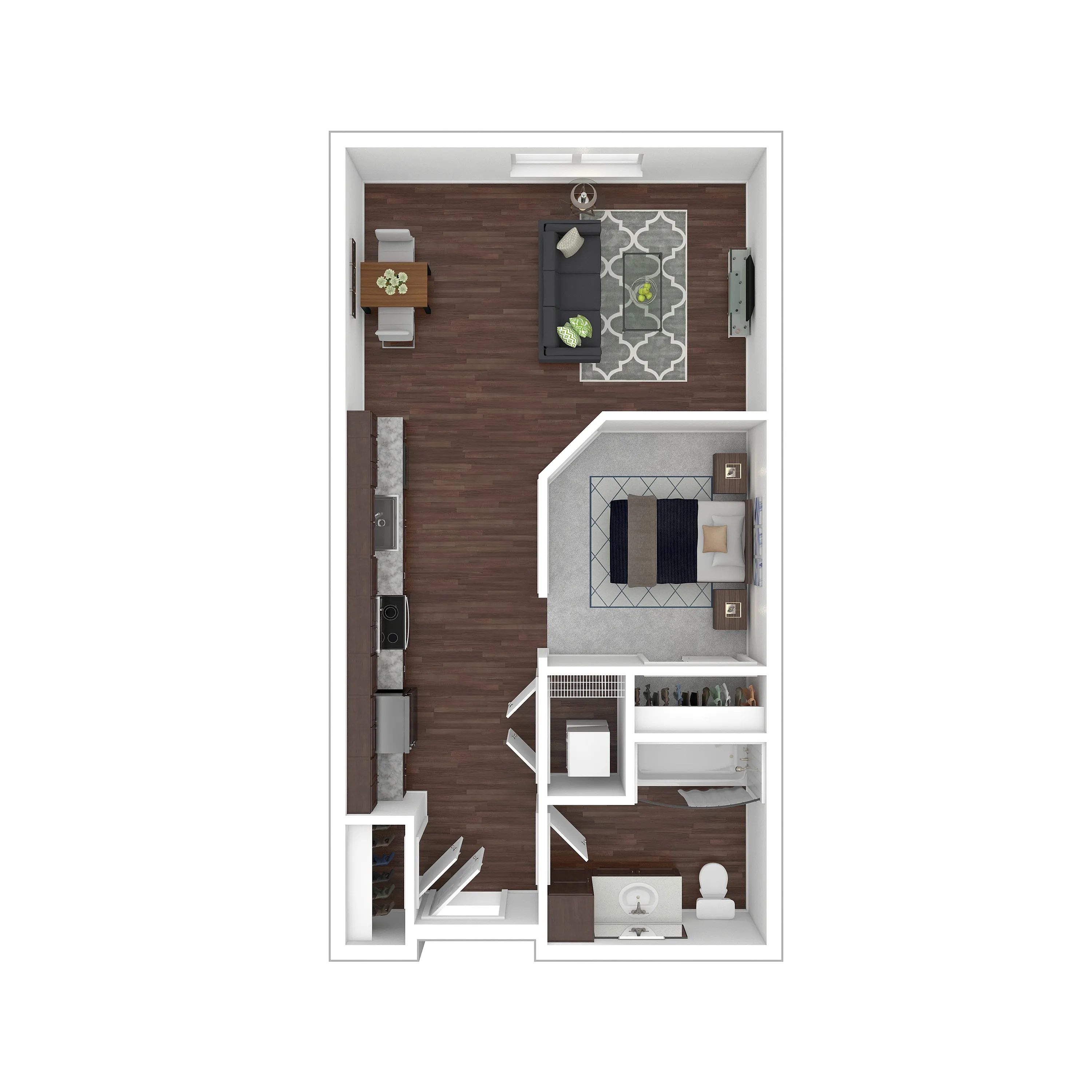 Modern 3D floor plan showcasing an open living area, elegant bedroom, and contemporary kitchen with chic hardwood flooring.