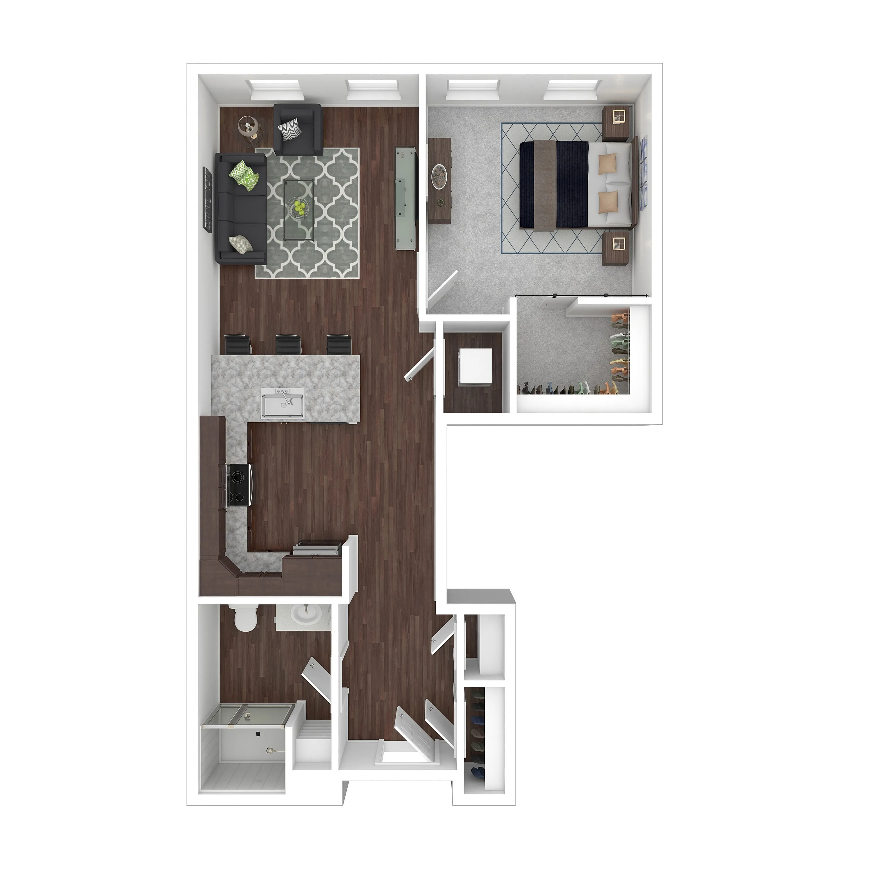 Modern floor plan featuring one bedroom, open-concept living space, and a stylish kitchen with granite countertops.