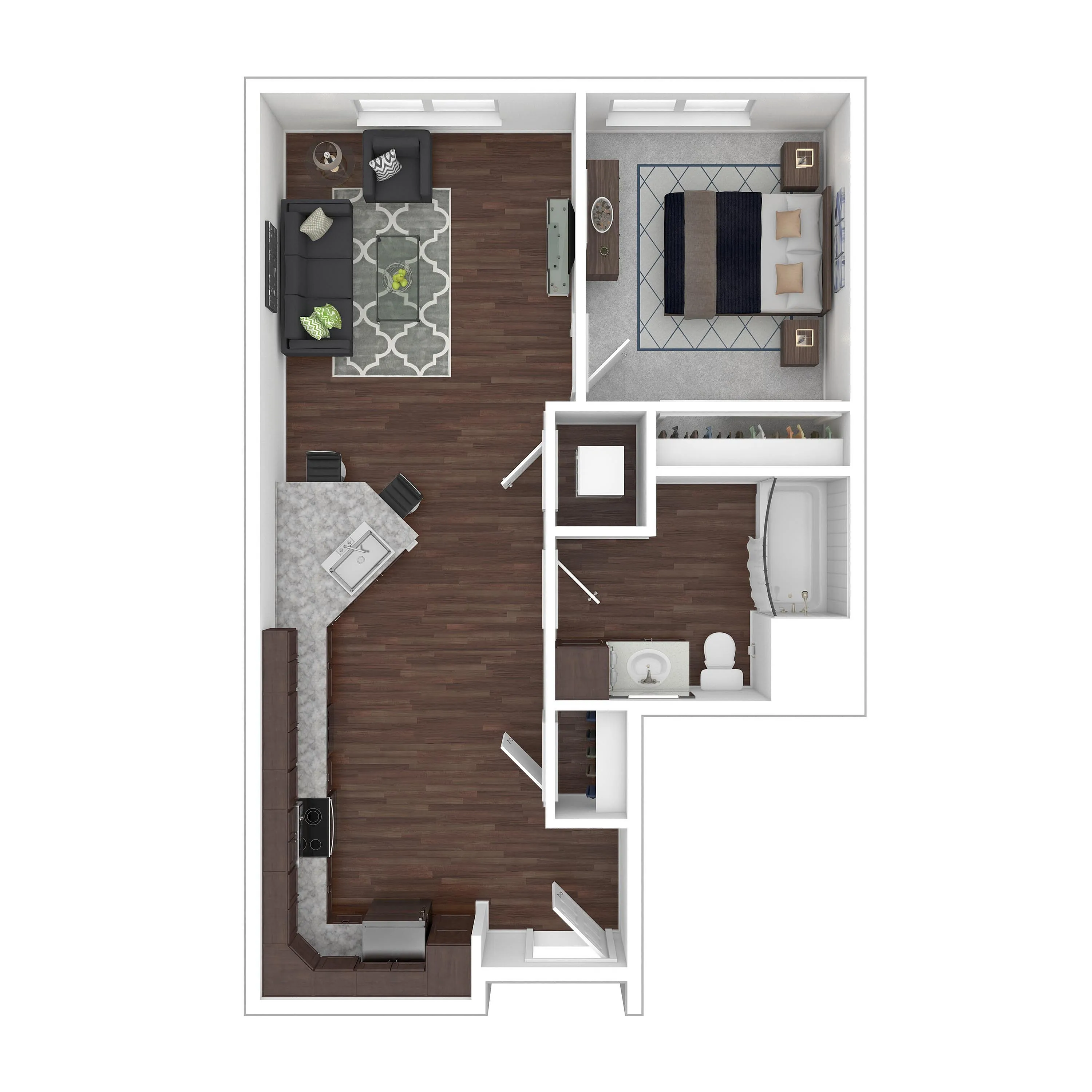 Contemporary 2D floor plan showcasing an open-concept living area, sleek kitchen, cozy bedroom, and modern bathroom design.