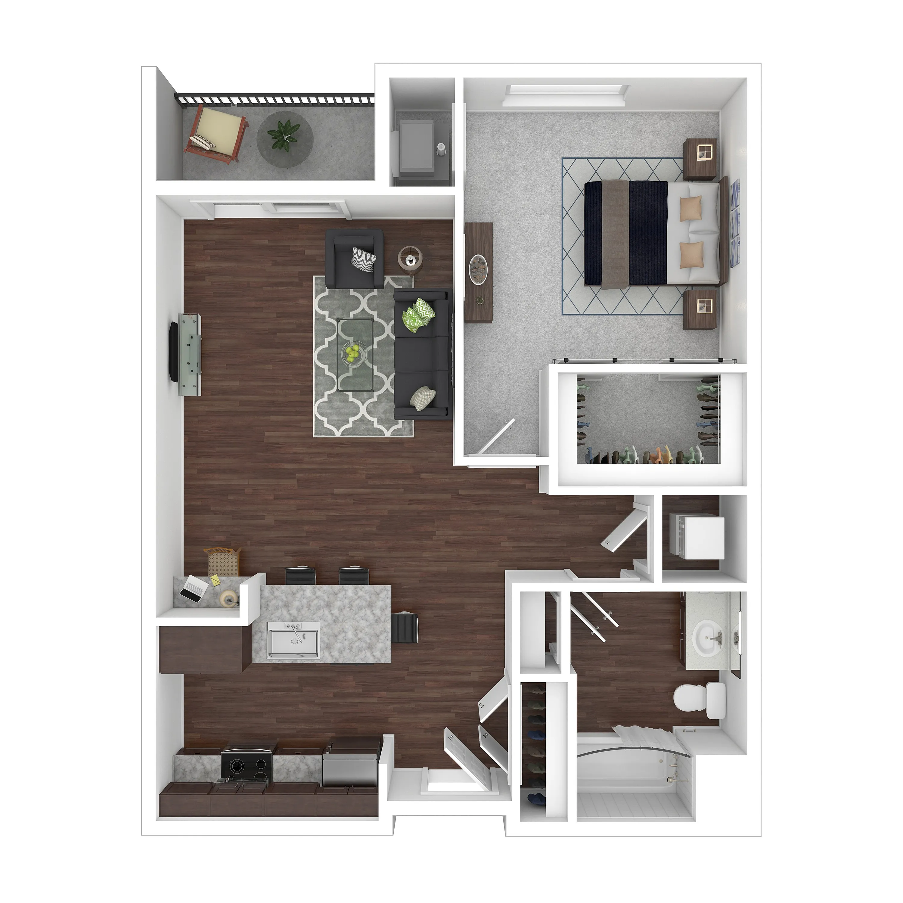 Modern apartment floor plan featuring an open-concept living area, one bedroom, a chic kitchen with island, and a spacious balcony.