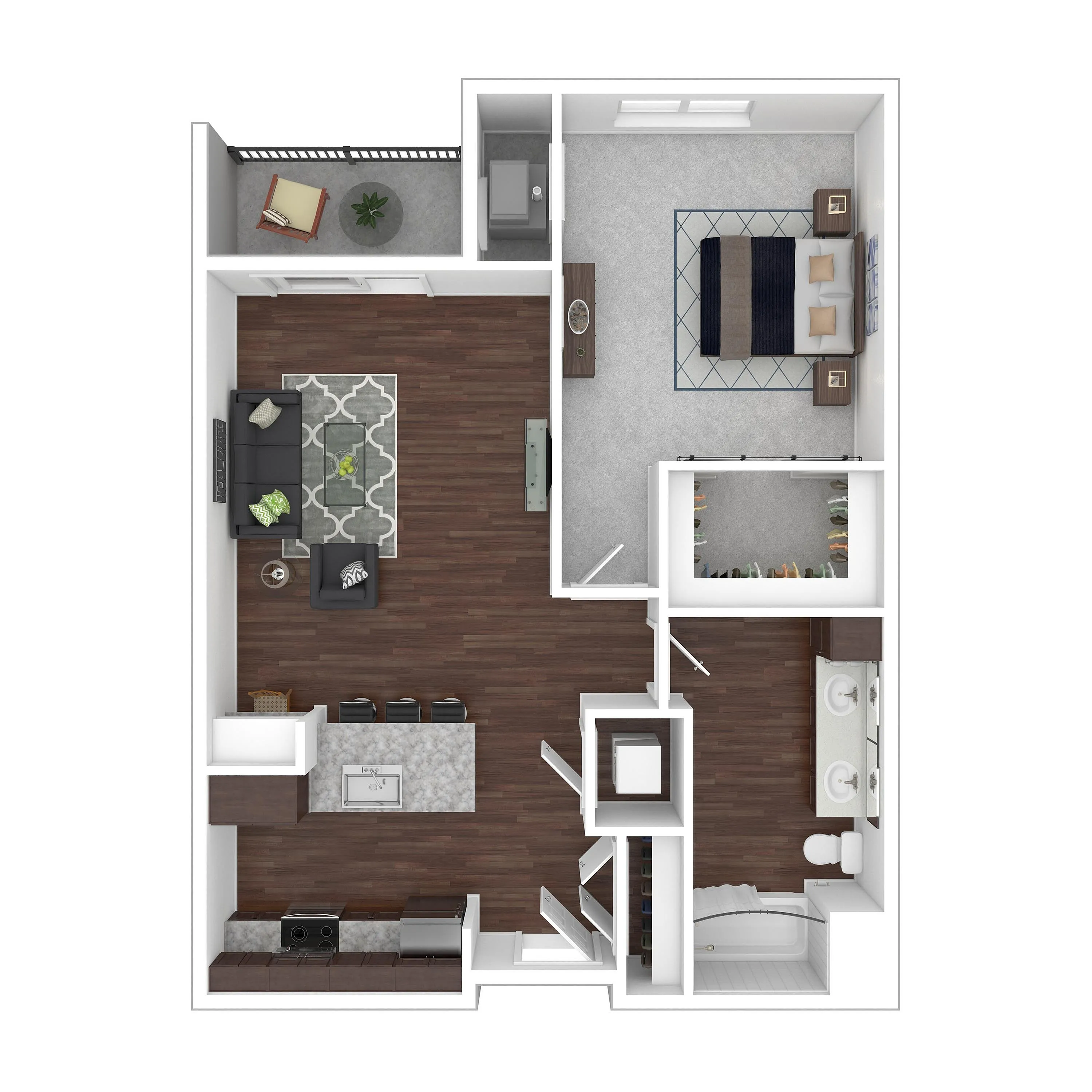 Modern 2D floor plan showcasing 1 bedroom, open-concept living and dining area, elegant kitchen, spacious bathroom, and cozy balcony.