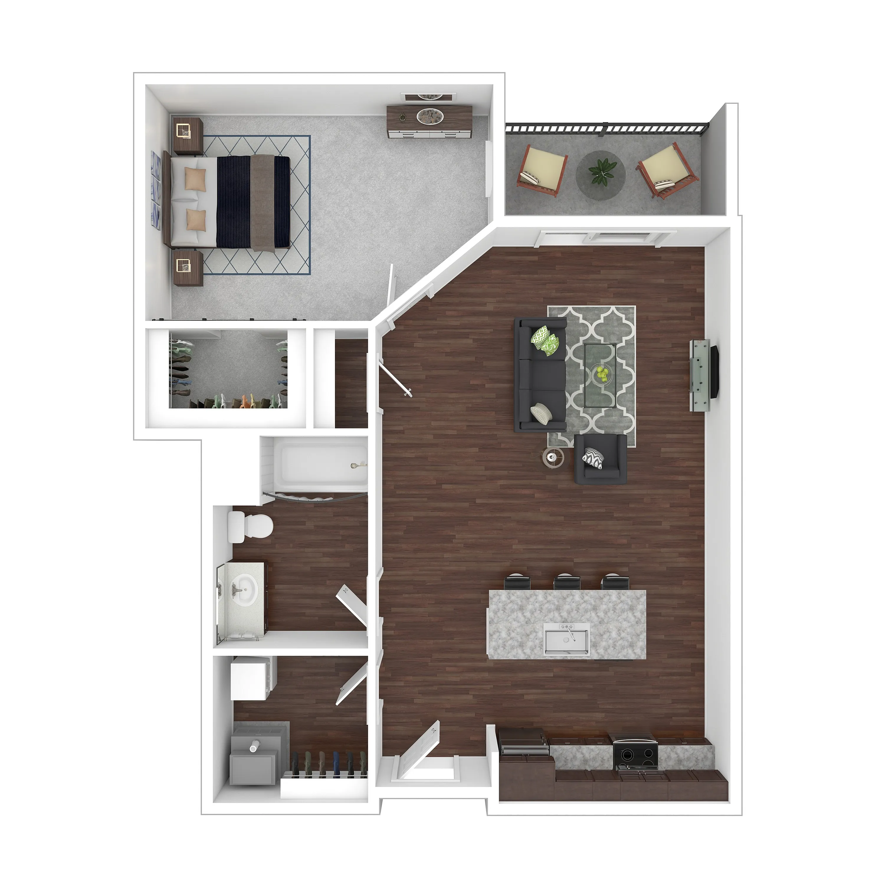 Modern 2D floor plan illustrating a spacious 1-bedroom apartment with an open-concept living area, elegant kitchen island, and private balcony.