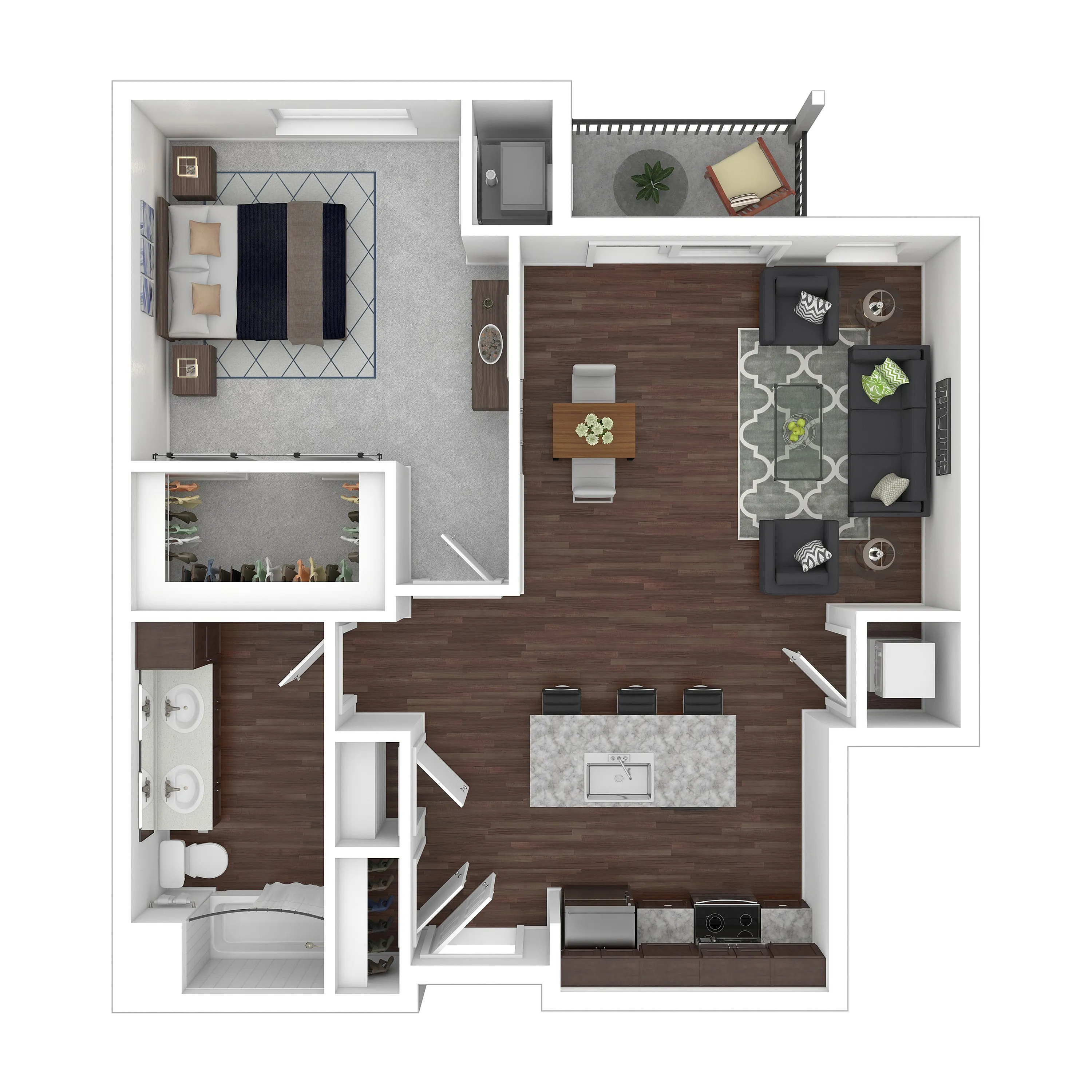 Modern 3D floor plan featuring an elegant bedroom, spacious open-concept living and dining area, sleek kitchen with island, dual-sink bathroom, and private balcony.