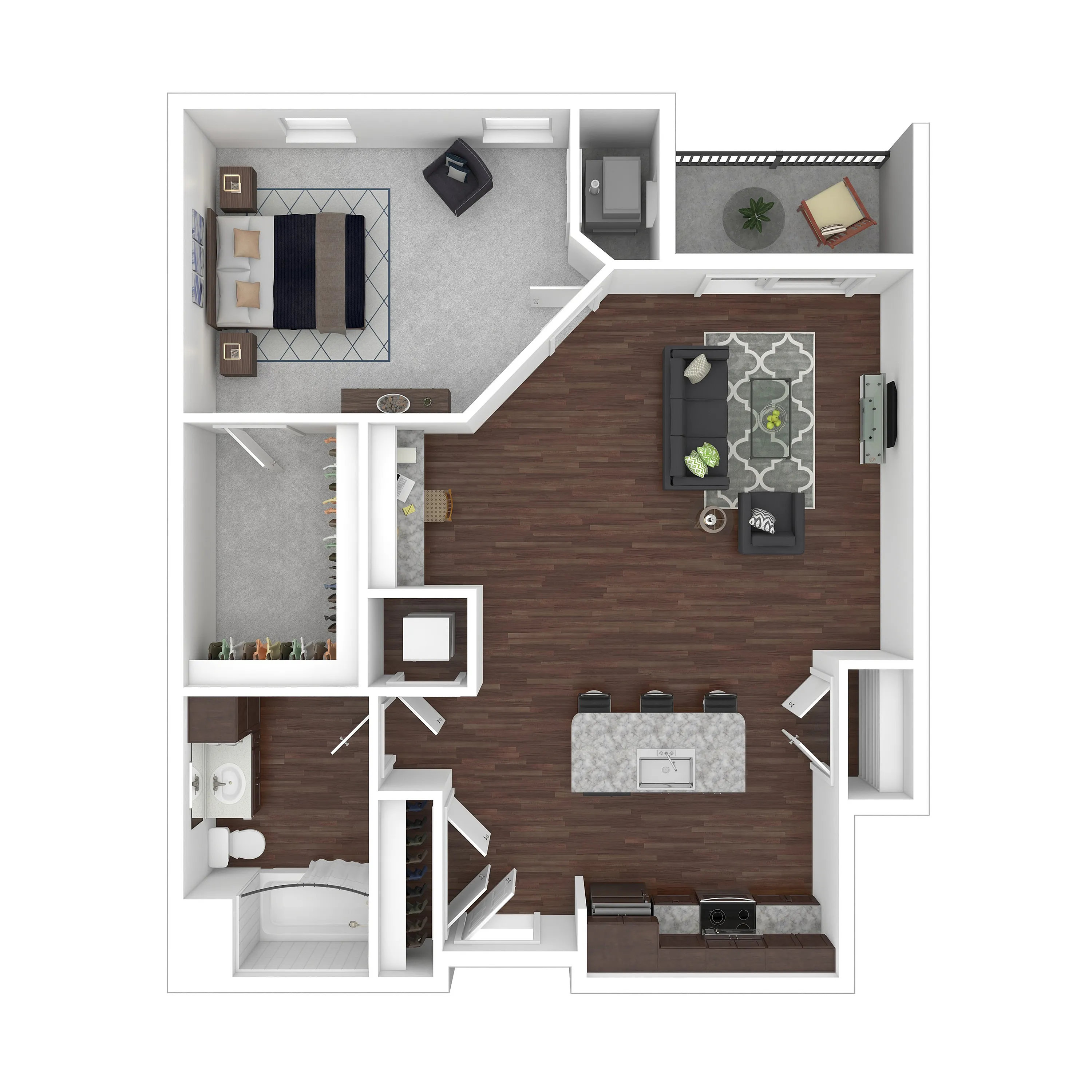 Chic 2D floor plan featuring a spacious one-bedroom suite with an elegant open living area and modern kitchen, complemented by a cozy balcony.